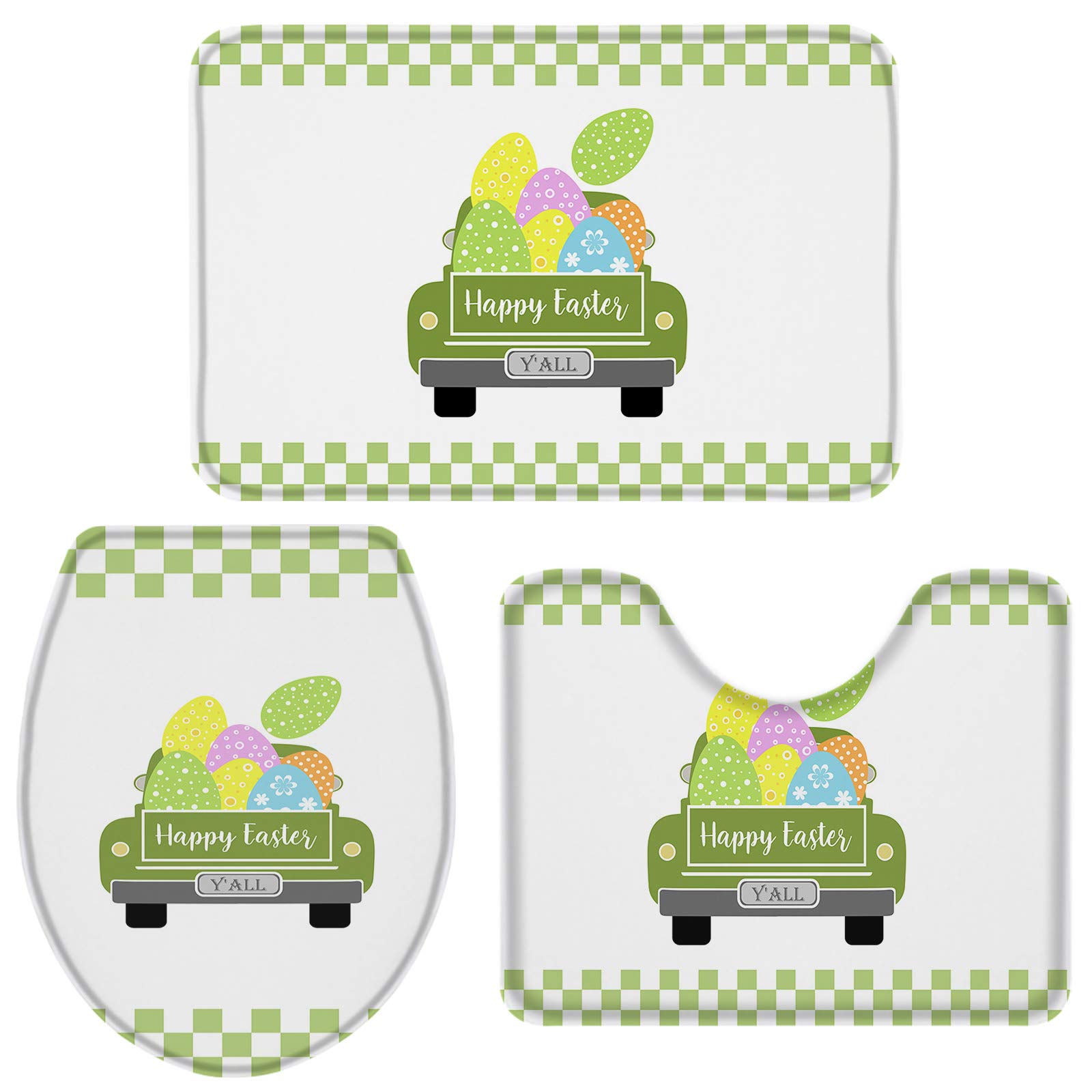 DaringOne Happy Easter 3 Pieces Bathroom Rugs Set, Rubber Backing Non-Slip Bath Mat Set, Includes U-Shaped Contour Toilet MatSmall Size Truck Easter Eggs Colorful Plaid Border Green
