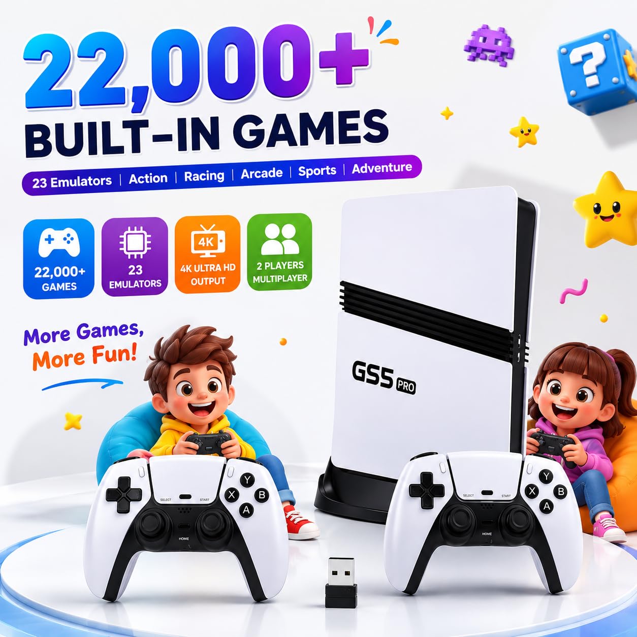 Playmigo GS5 Pro 4K Retro Gaming Console Stick, 22,000+ Built-in Classic Games, 23 Emulators, Plug and Play, with Dual Wireless Controllers, for Kids and Adults 3