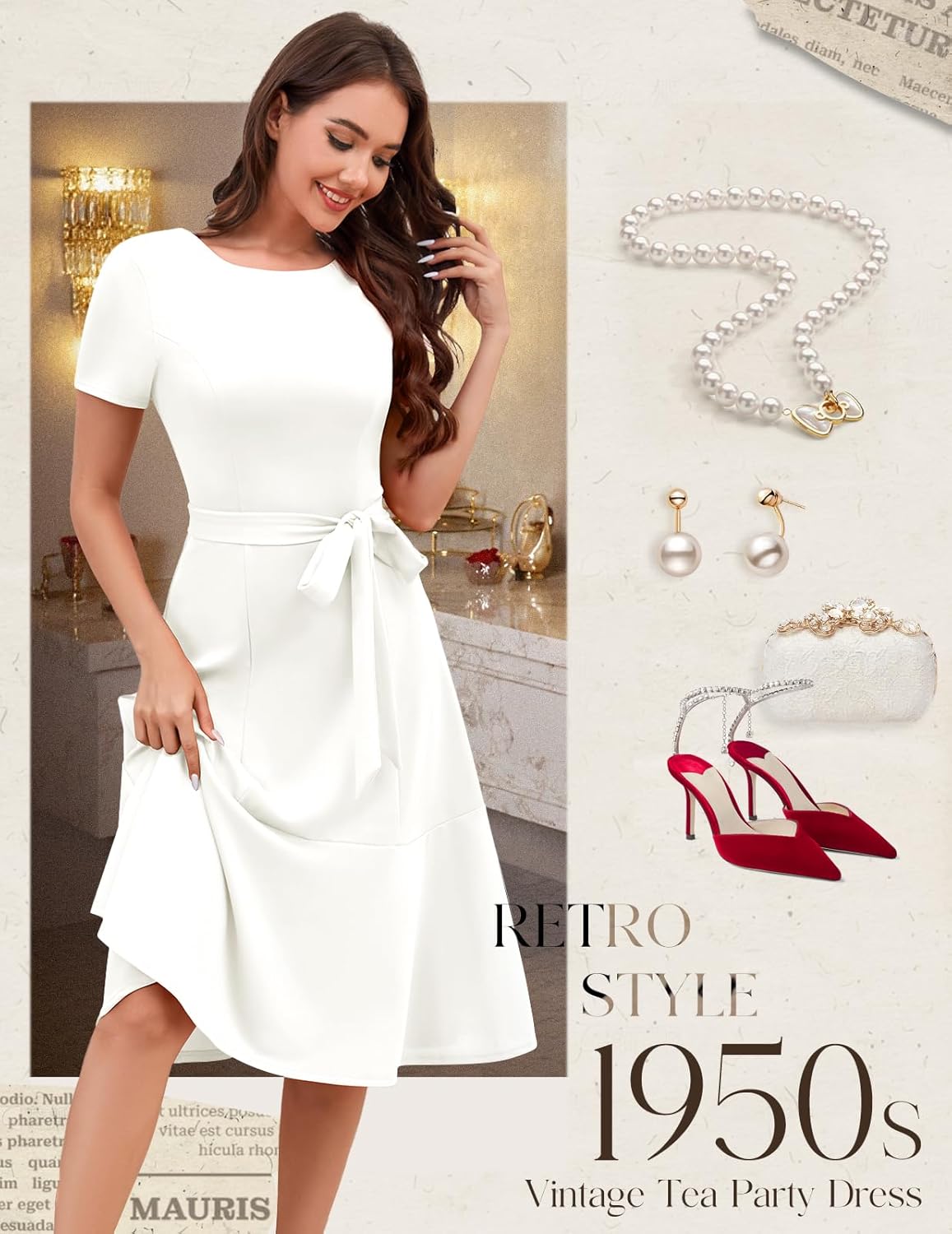 Bbonlinedress Womens Short Sleeve Wedding Guest Dresses Cocktail Vintage Party Church Formal A-Line Midi Dress White L - Image 5