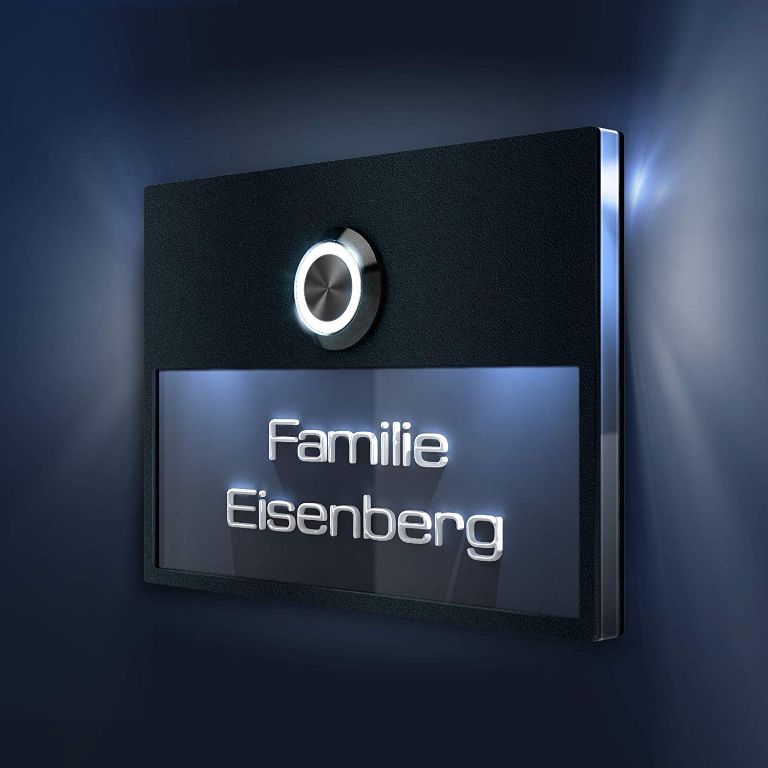 Metzler campanello esterno inox LED con incisione 3D antracite RAL 7016 IP67 montaggio flessibile placca acrilico antigraffio facile installazione 10 anni disponibilità ricambi visibilità notturna