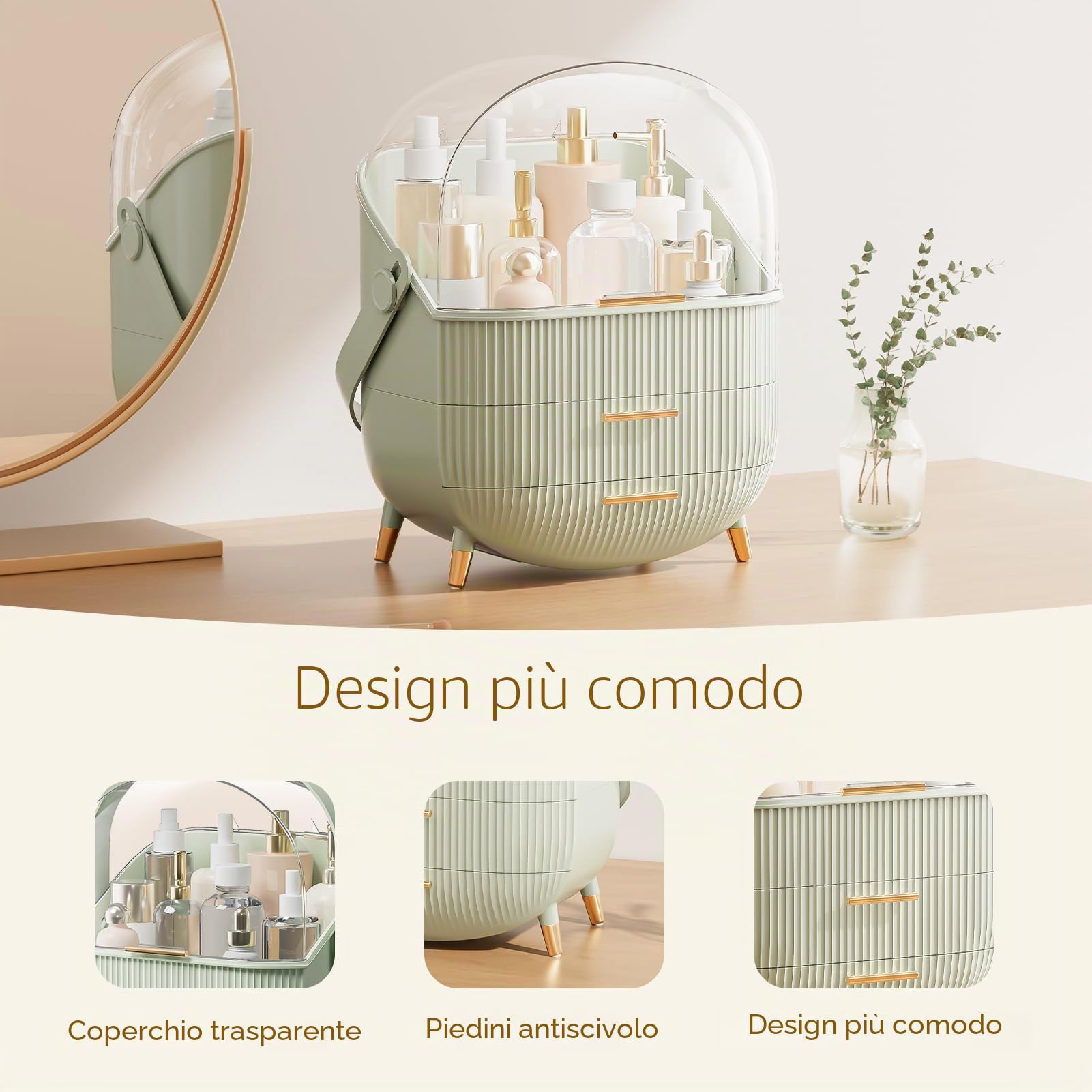 Scatola di trucco multifunzionale antipolvere per cosmetici, organizer per cosmetici, prodotti per la cura della pelle, scrivania, nuova versione (verde menta)