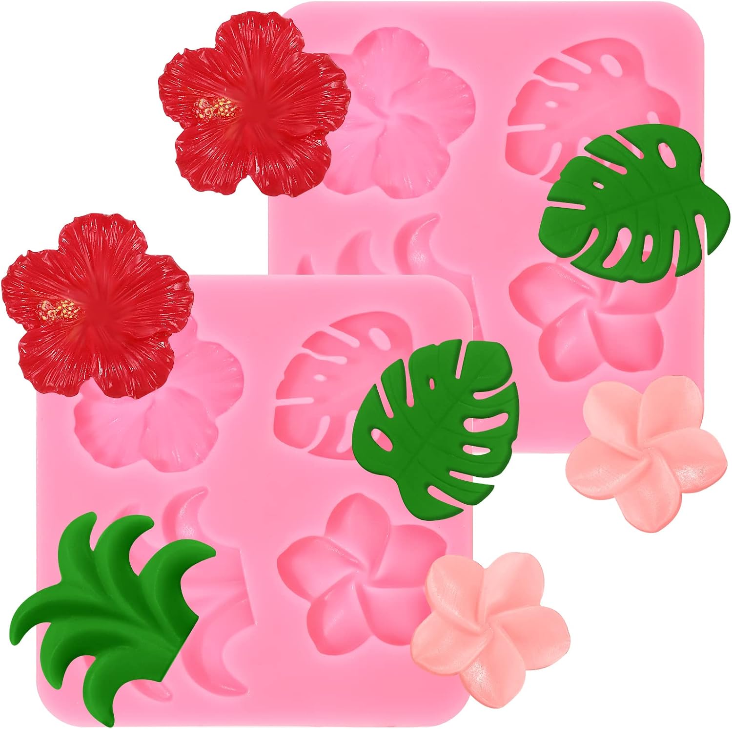 Chengu 2 Pcs Tropical Flower Leaf Silicone Mold for Chocolate Fondant, Pink
