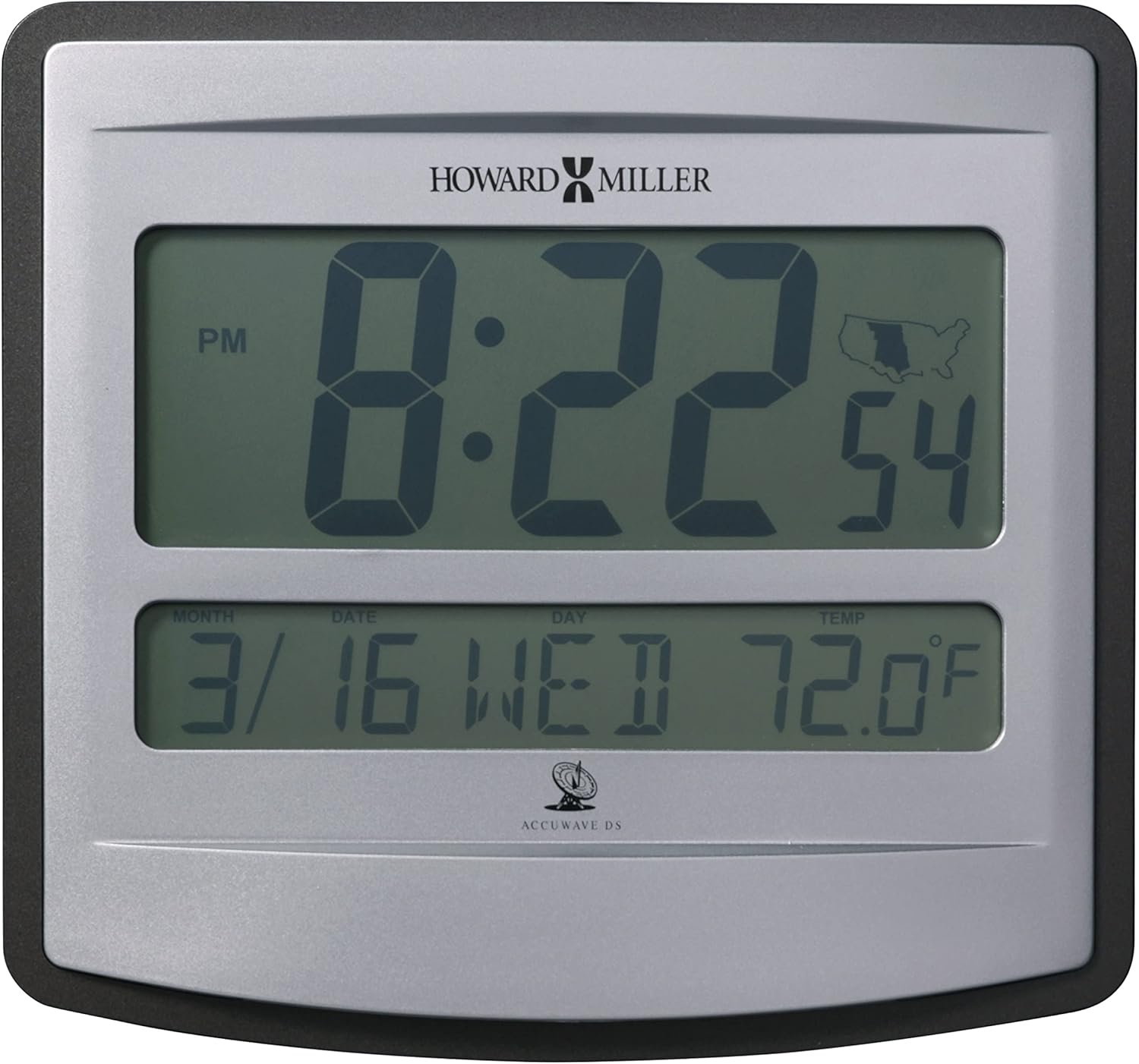 Howard Miller Nikita Wall Clock, Digital Display Injection Molded Silver Case Battery-Operated, Temperature Feature Silver Buttons Alarm Clock for Home Decor, Dinning Room & Office