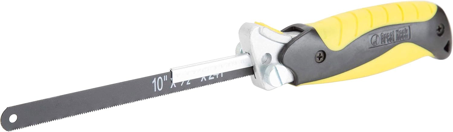 GreatNeck 80070 True Close Quarter Hacksaw | Cut Through Wood, PVC, Foam, Brass, and More | 10 inch Carbon Steel Blade and Strong Aluminum Hacksaw Frame Included | Designed for Power and Comfort