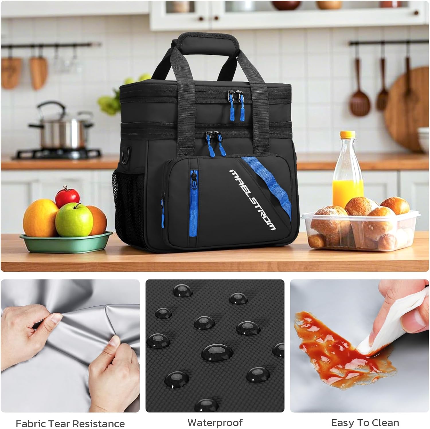 Maelstrom Lunch Box, 20L Insulated Lunch Bag for Men Women, Expandable Double Deck Leakproof Cooler Bag with 6 Pockets, Reusable Lunch Tote Bag for Work, Picnic, Travel, Black - Image 7