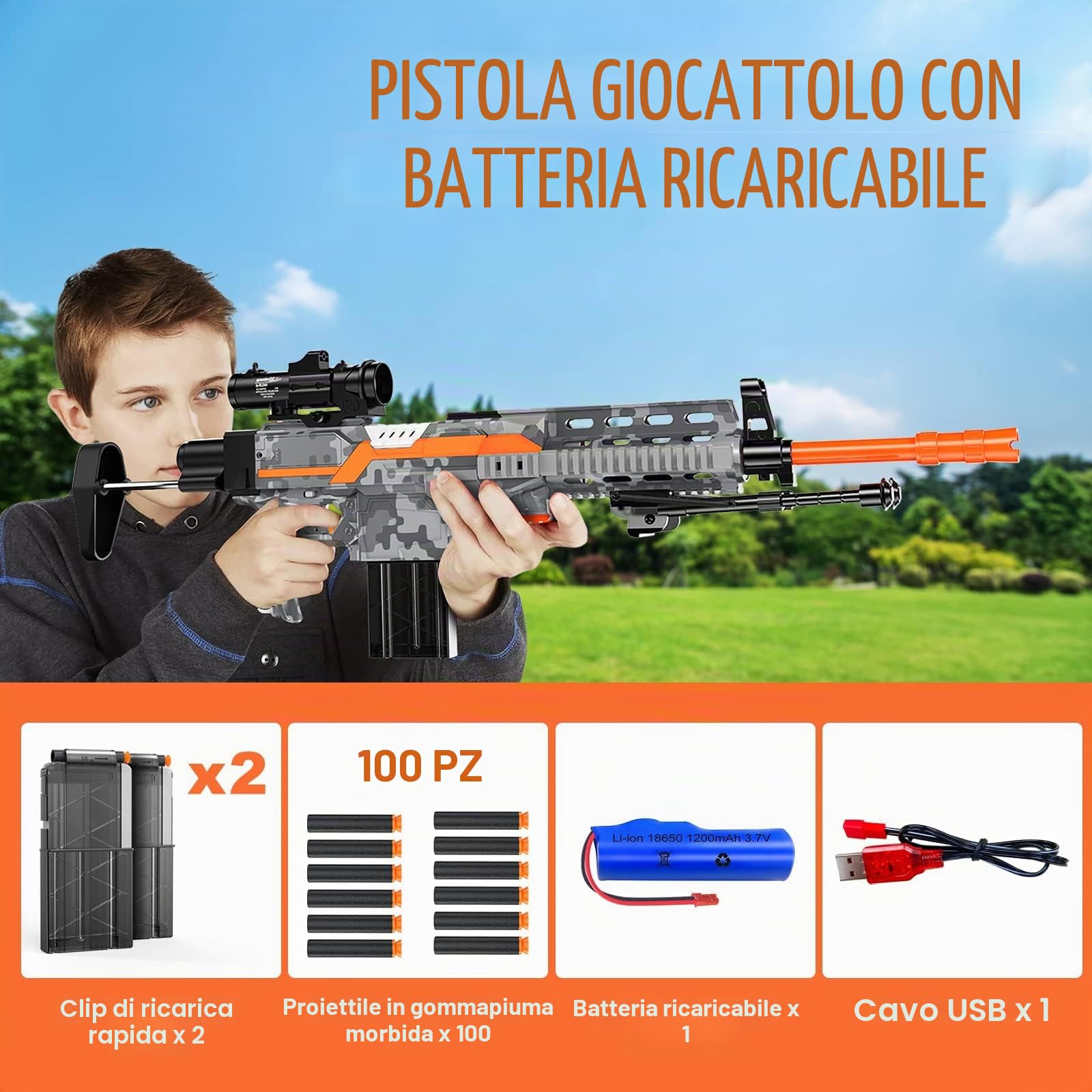 Pistola giocattolo elettrica Sniper, 3 modalità, Pistola in schiuma giocattolo automatico con portata 2 riviste, 100 freccette, fucile da cecchino elettrico giocattolo per bambini grigio