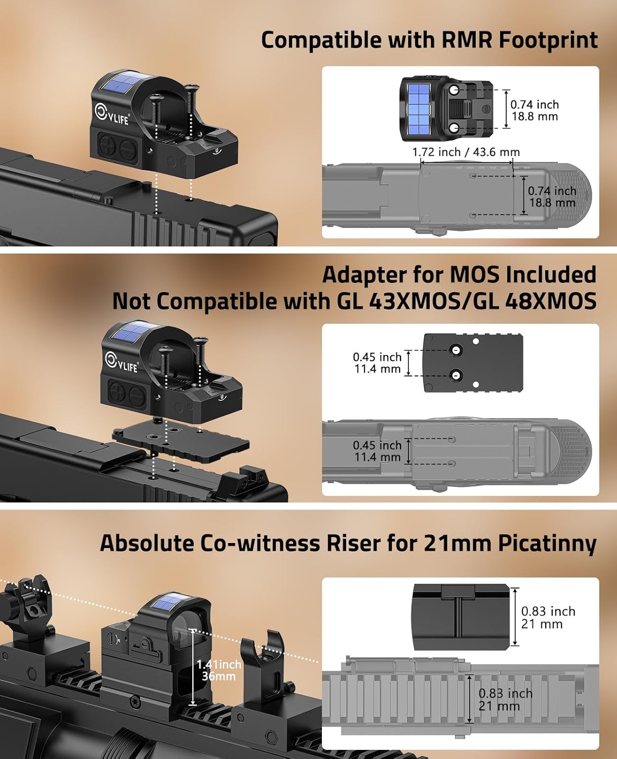 CVLIFE WildHawk X Solar Auto Brightness Red/Green Dot Sight for RMR & Full-Sized Setups, 2 MOA Dot & 48/32 MOA Circle Open Reflex Optics, Motion Awake 3000G Shockproof with Adapter for MOS & Picatinny