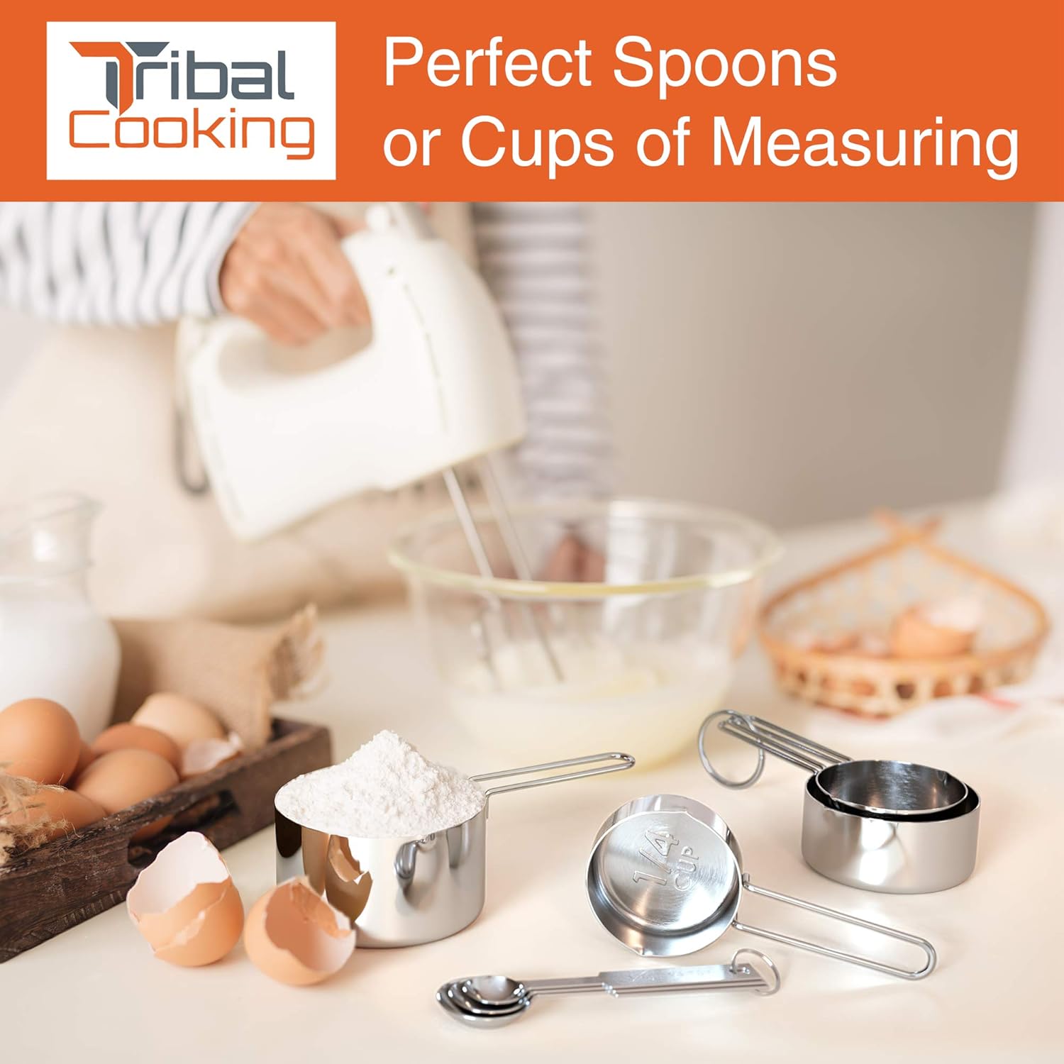Tribal Cooking Metal Measuring Cups and Spoons Set - 8 Pieces - Professional Stainless Steel - Measuring Spoons Set - Measure Dry or Liquid Ingredients - Measuring Cups Sets for Baking and Cooking: Home & Kitchen