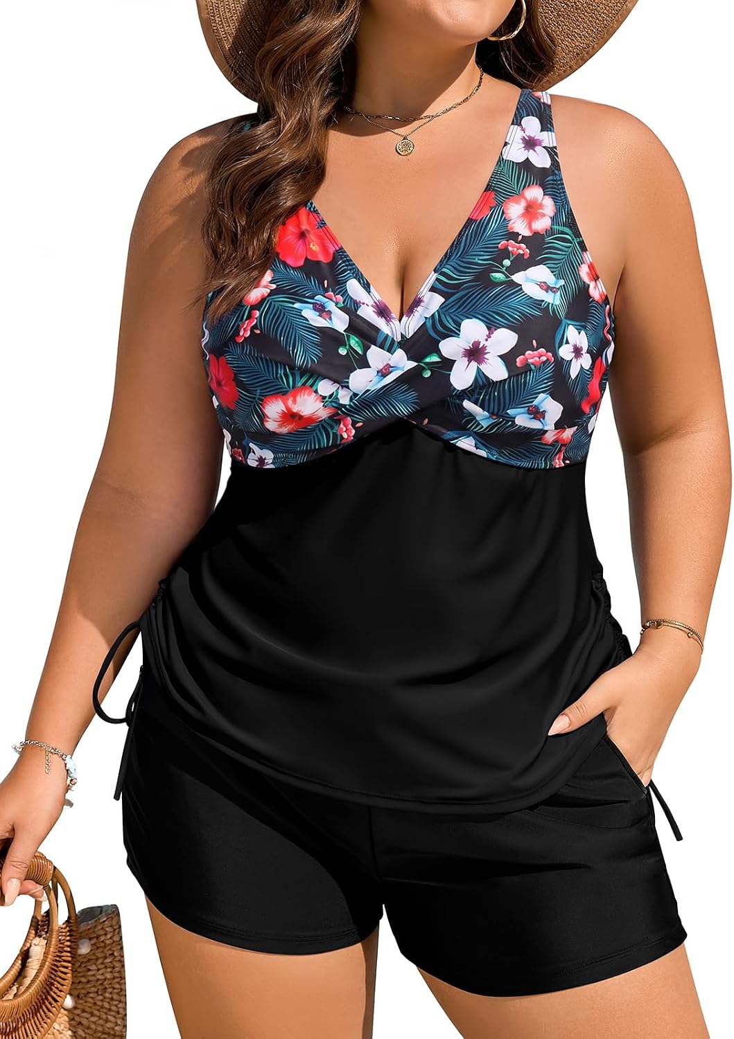 UMIPUBO Plus Size Tankini Swimsuits for Women Ruched Drawstring Two Piece Bathing Suit Criss Cross Tankini Top with Shorts