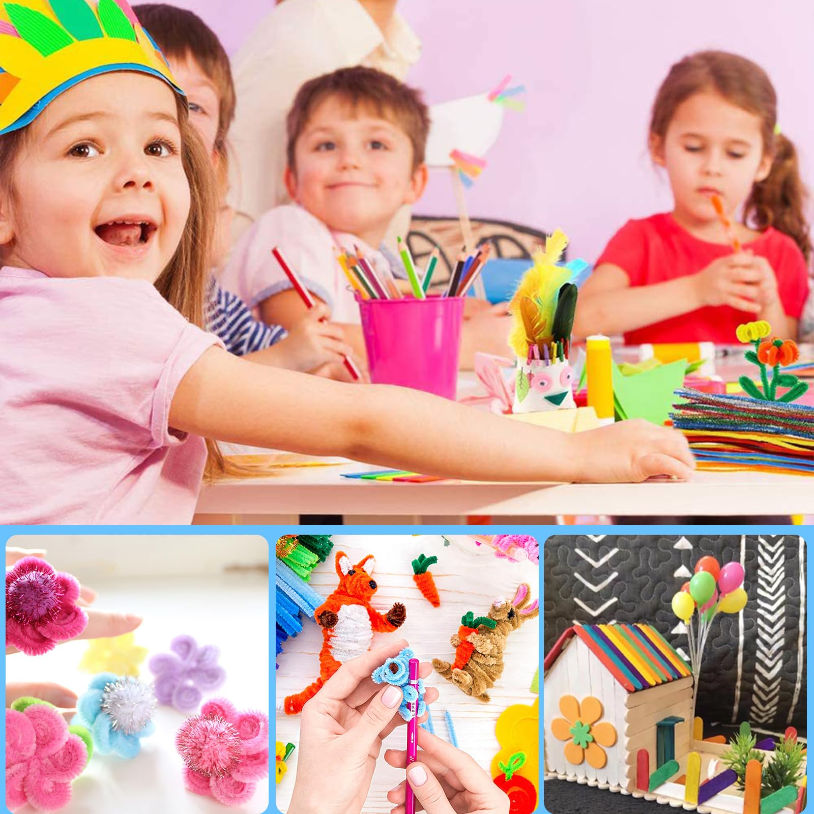 Carehabi Mallette de bricolage pour enfants, 1800 pièces, kit de bricolage pour enfants, accessoires de bricolage, scrapbooking, cure-pipes, pompons, plumes, perles, yeux mobiles, paillettes