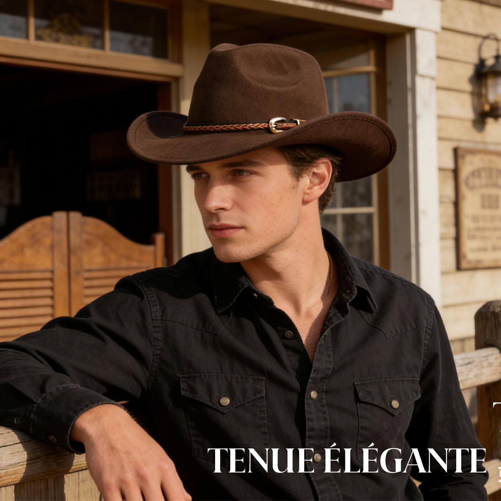 Chapeau western vintage à large bord en feutre avec une élégante lanière en cuir, adapté aussi bien aux hommes qu'aux femmes. Idéal pour les activités de plein air et les soirées à thème western.