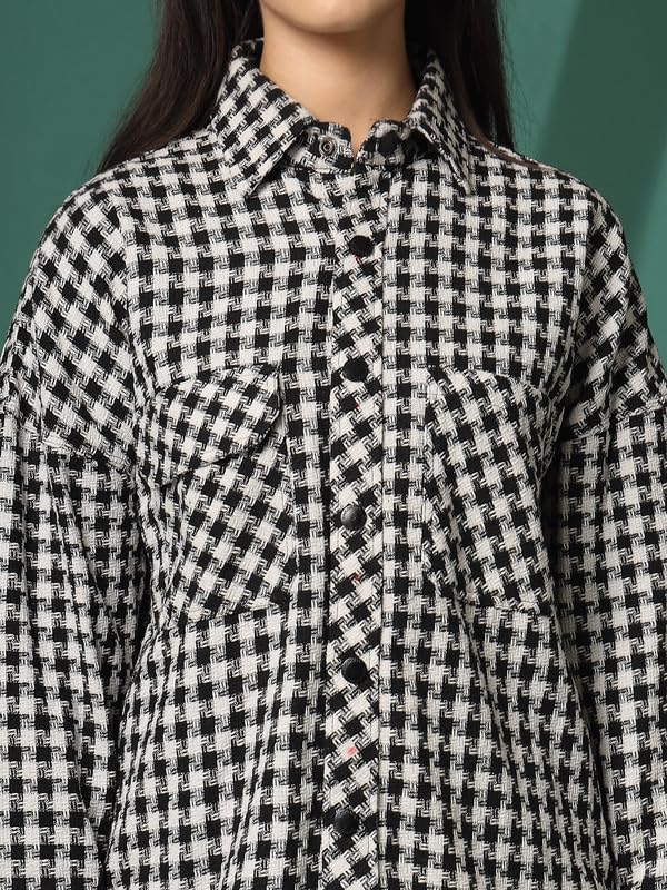 Image of CHKOKKO Tweed Women Oversized Winter Shacket Stylish Standard Length Coat Plaid Jacket Shirt
