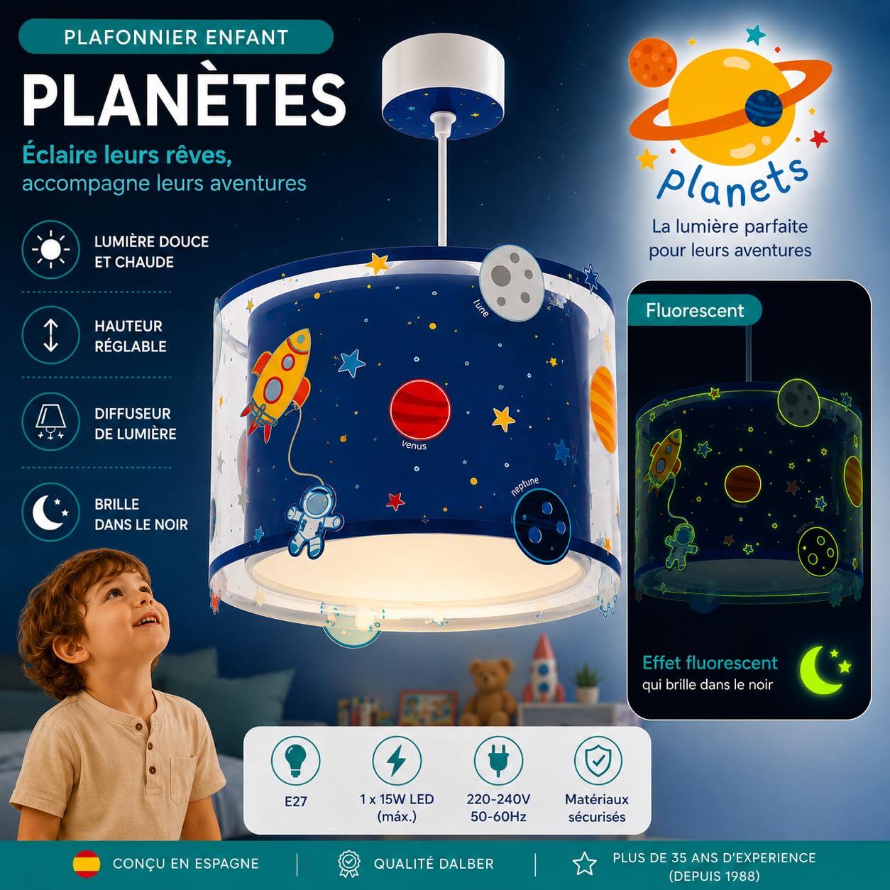 Dalber Lampe Suspension Plafonnier Enfants Planètes Système Solaire E27 Bleu