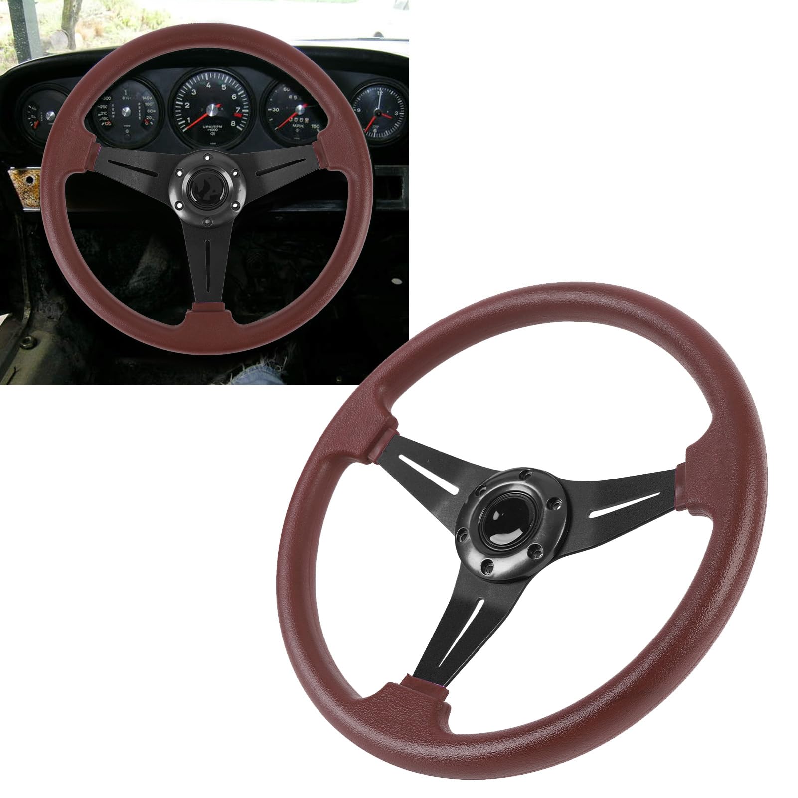14in Racing Volante con un Pulsante Corno in Pelle PU Contempo Comodo Adattatore del Volante a 6 Fori (Nero)