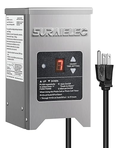 SURAIELEC Transformador de paisaje de bajo voltaje, Transformador de luz al aire libre de 200 W con temporizador y sensor de fotocélula, 120V a 12V