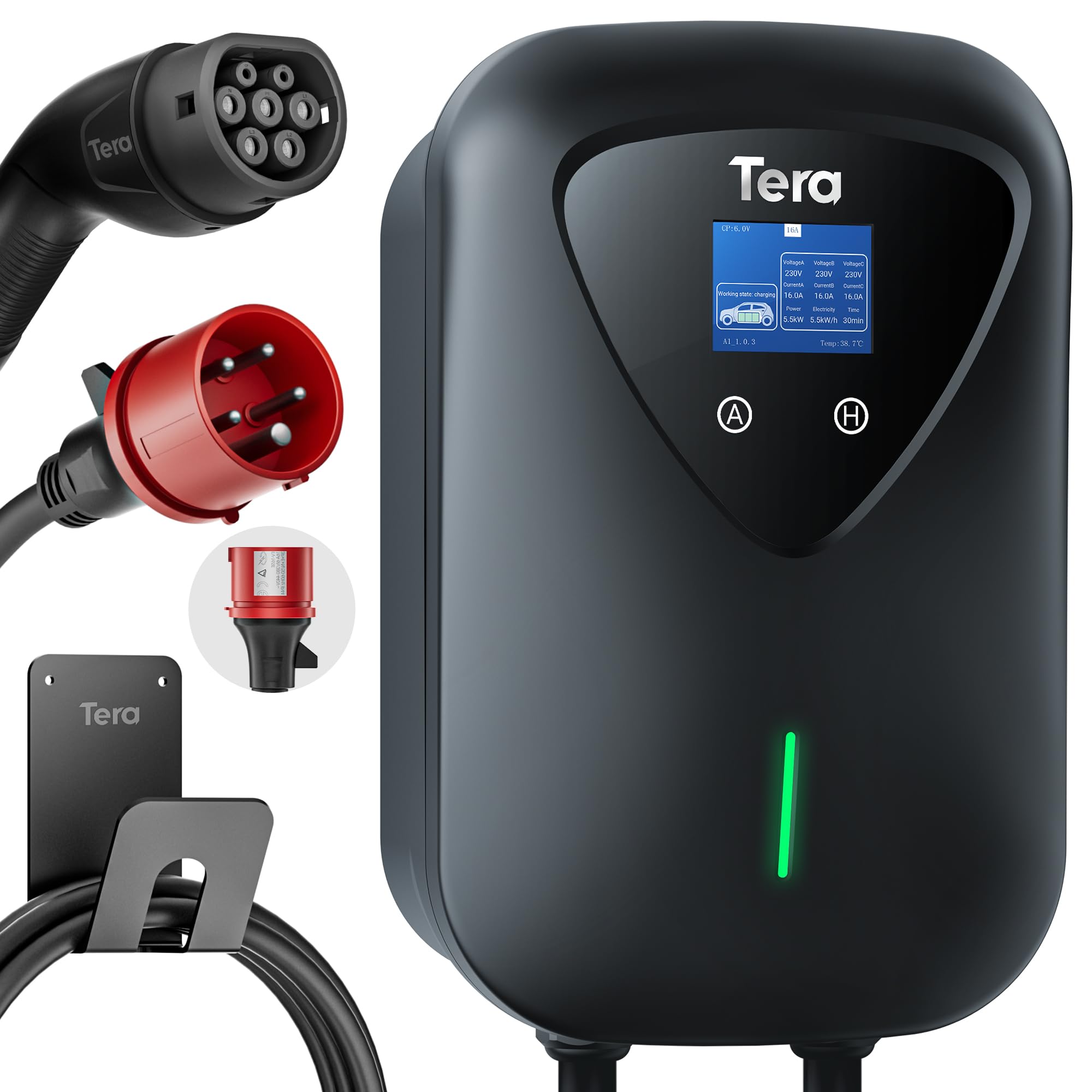 Tera Cargador EV Tipo 2, 11 kW, estación de Carga doméstica, Wallbox, Cable de Carga para Coche eléctrico con Soporte de Cable, Cable de Carga de 3 Fases, Conector CEE, 16 A, 5 Pines, Cable de 6,5 m,