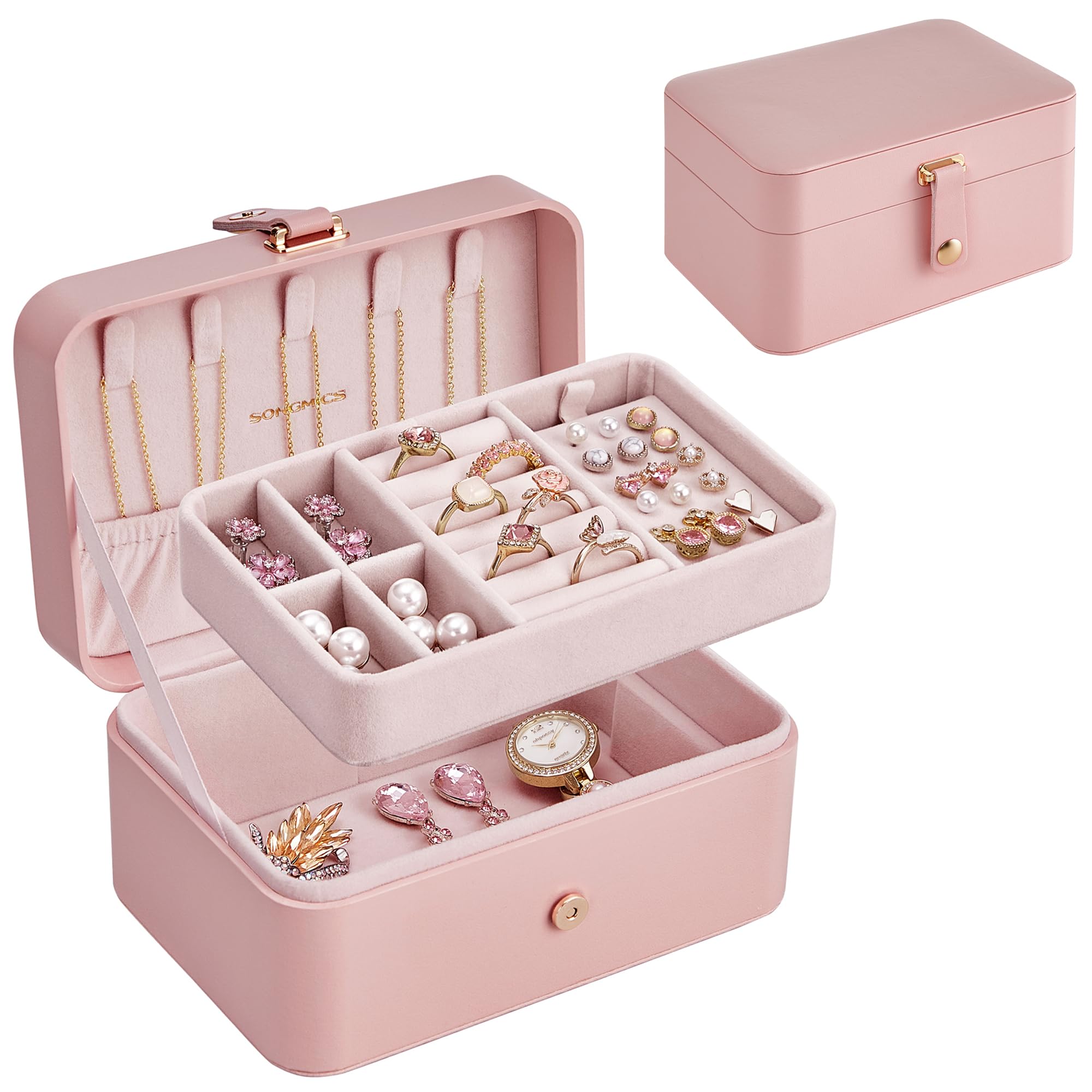 SONGMICS Jewellery Box, 2-Layer Jewellery Storage, 11 x 16 x 8 cm Travel Jewellery Box, Portable Jewellery Case, Small, Spacious, for Larger Accessories, Gift Idea, Jelly Pink JBC166R01