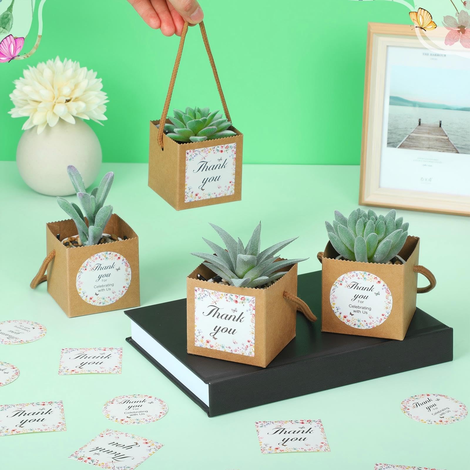 Faccito Set di 60 Sacchetti Regalo per Piante Succulente con Adesivi di Fiori Selvatici, Scatola Regalo per Piante in Carta Kraft con Manici, Adatta per Vasi da 6,35 cm, Ideale per Doccia di Benessere