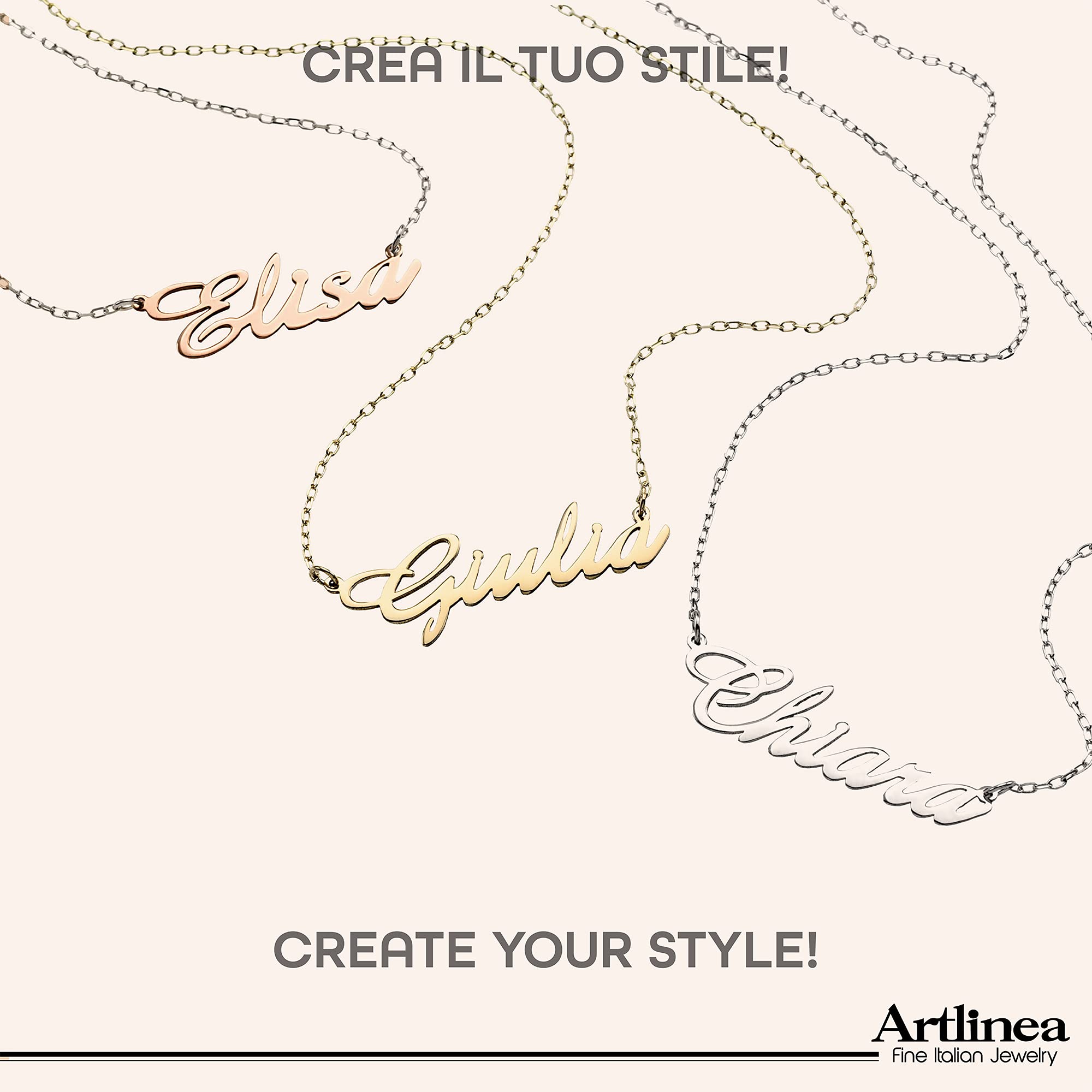 Artlinea, Collana Personalizzabile con il Tuo Nome in Carattere Corsivo, Varie Dimensioni, Lunghezza Catena 43 cm, Chiusura a Moschettone, Oro, Argento, Oro Rosa, Made in Italy