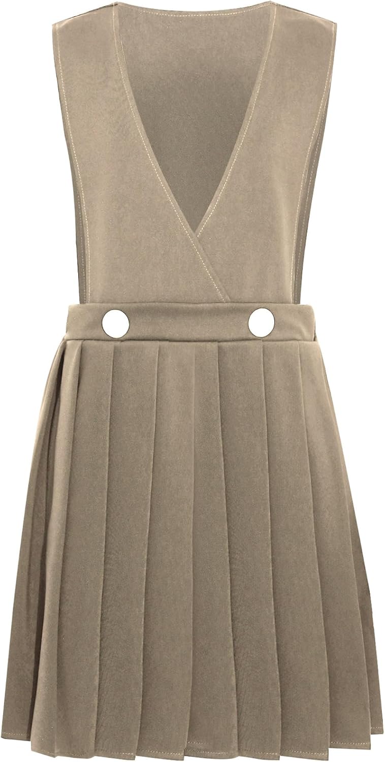 Kids Girls School Uniform Dress Solid Color Deep V Neck Sleeveless Jumper Pleated Dress