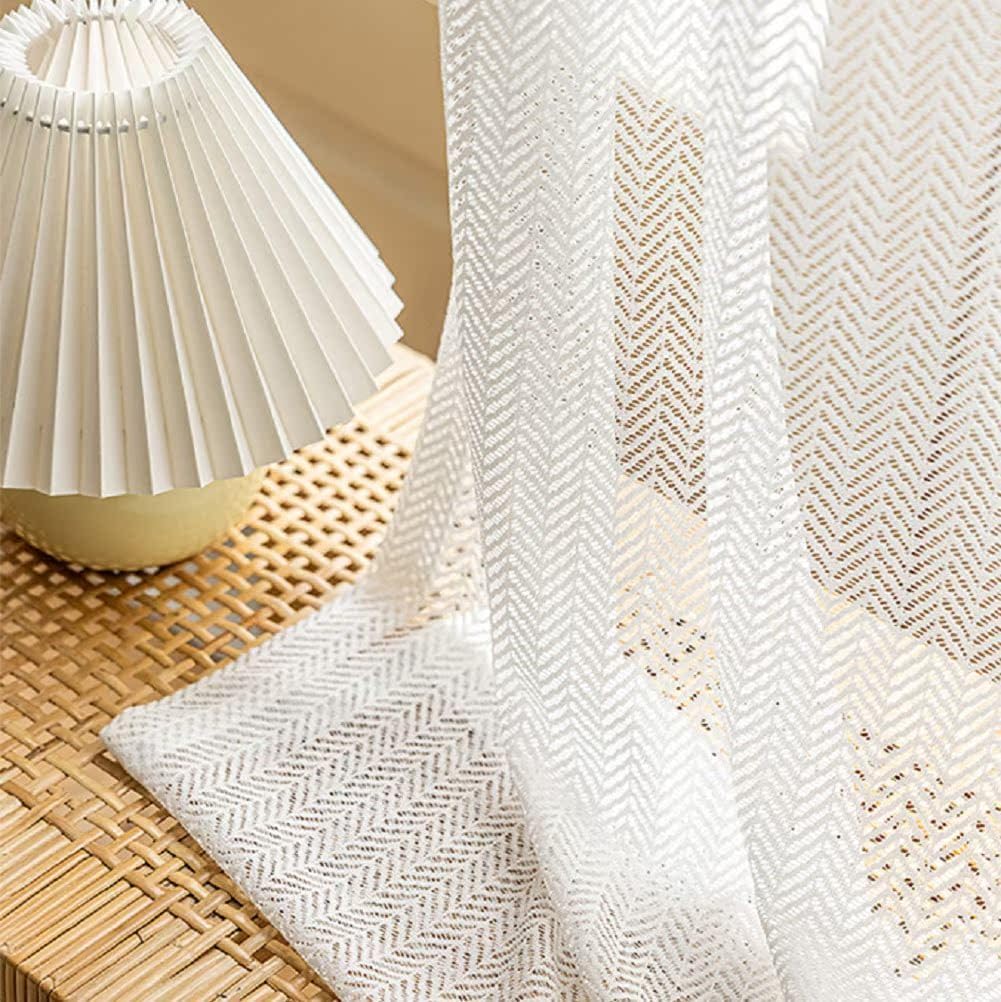 Light Luxury French Herringbone Pattern 100 Width Sheer Curtains Voile Window Yarn Curtain Rod Pocket Top for Living Kids Room Bedroom Balcony(1 Panel, W 100 x L 95 inch, White)