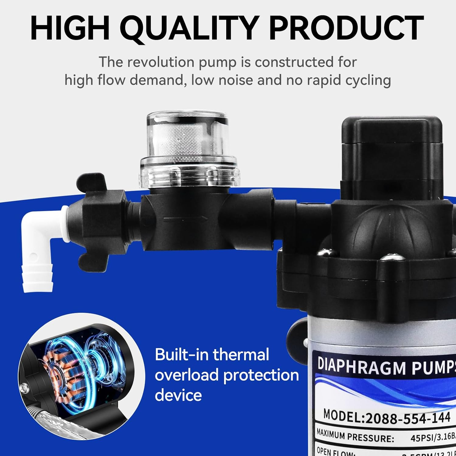 RV Water Pump 12V 2088-554-144/2088-403-144 with 1/2 NPT Connection, 3.5 GPM, 45 PSI, Quiet Diaphragm Pump