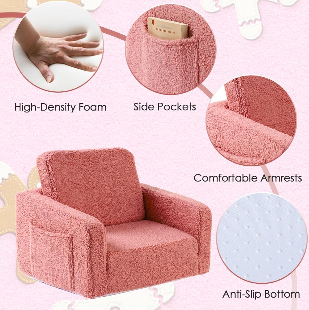 Furnishh Kids Sofa Couch Fold Out, Baby Toddler Comfy Soft Chair for Boys Girls, Flip Out Foldable Children 2 in 1 Convertible Sofa to Lounger, Folding Child Sleeper for Playroom, Pink - Image 4