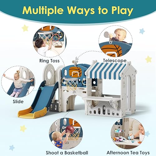 Miniatura 2 de BIERUM Tobogán 10 en 1 para niños pequeños con aro de baloncesto, tobogán al aire libre para niños pequeños de 1 a 3 años con casa de juegos para