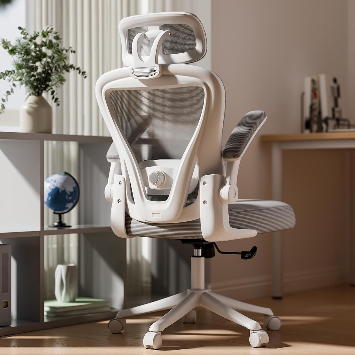 Ergonomic Office Chair M903, Computer Desk Chair with Wheels, High Back Mesh Office Chair with Adjustable Lumbar Support, Headrest, Flip-Up Armrests, Withe Grey