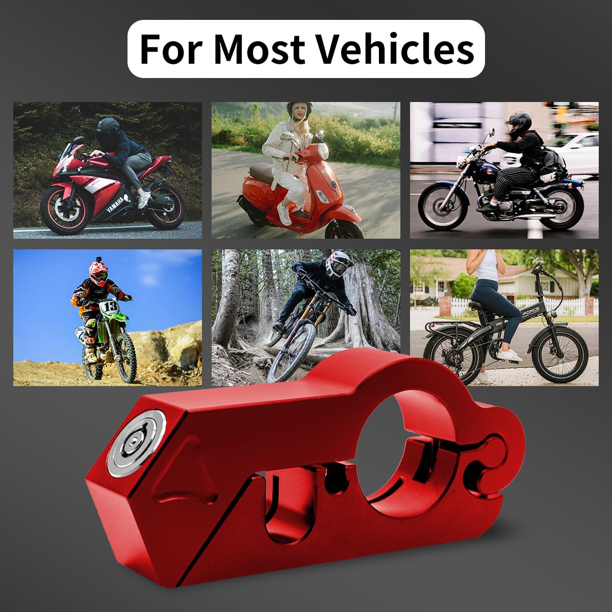 Combo de bloqueo de casco de motocicleta y manillar, bloqueo de freno antirrobo para manillares de 1.3 a 1.5 pulgadas, para todos los triciclos de bicicleta, ATV y scooter (rojo)