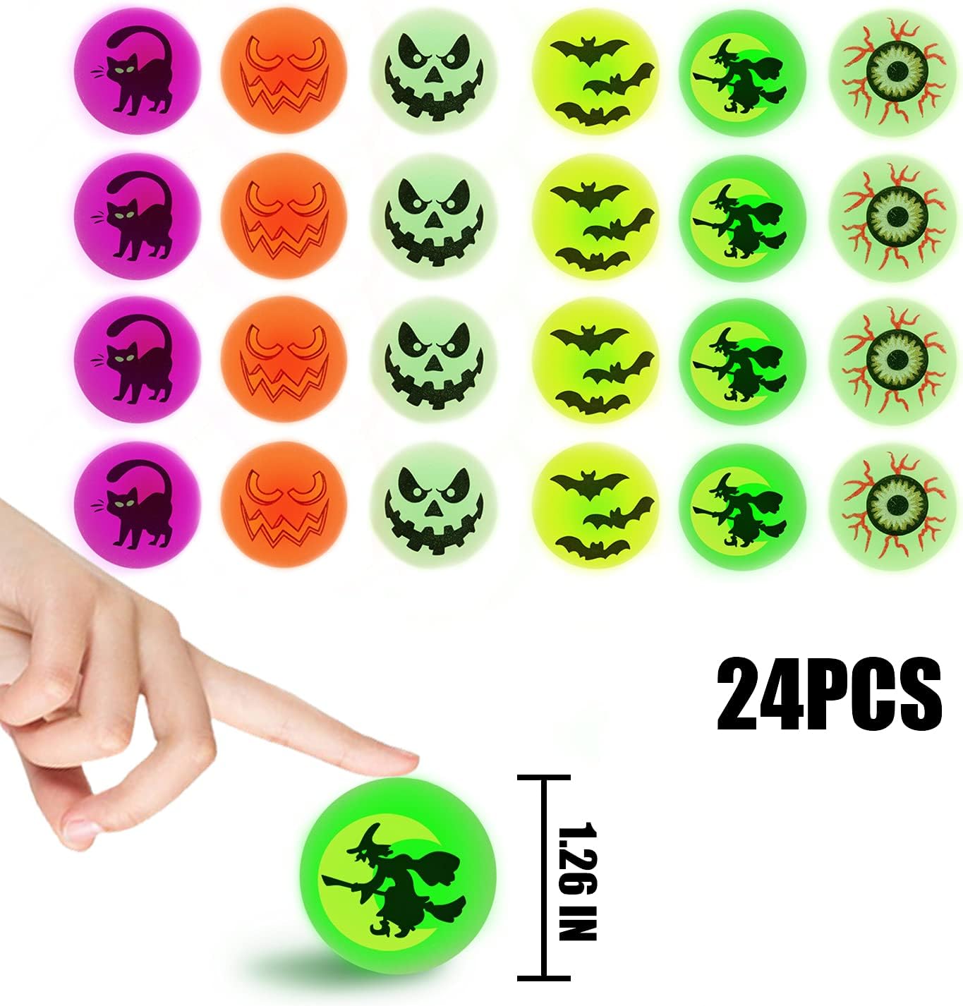 KIMOBER 24pcs Halloween Glow in The Dark Bouncing Balls,Halloween Theme Designs Bouncy Ball for Halloween Party Supplies