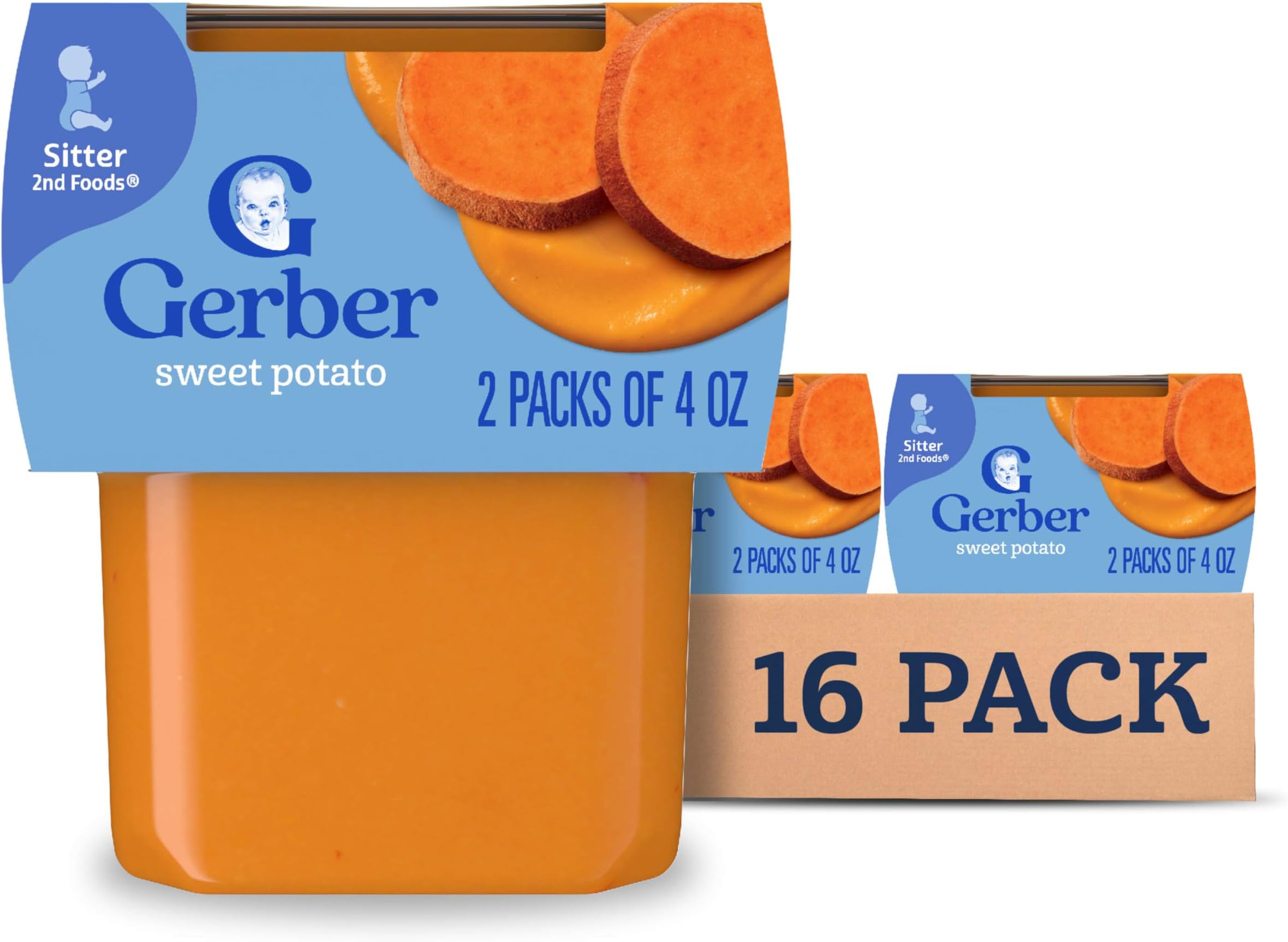 Gerber Stage 2 Baby Food, Sweet Potato Puree Tubs, No Added Salt, No Artificial Colors or Flavors, Baby Puree, 16-Pack