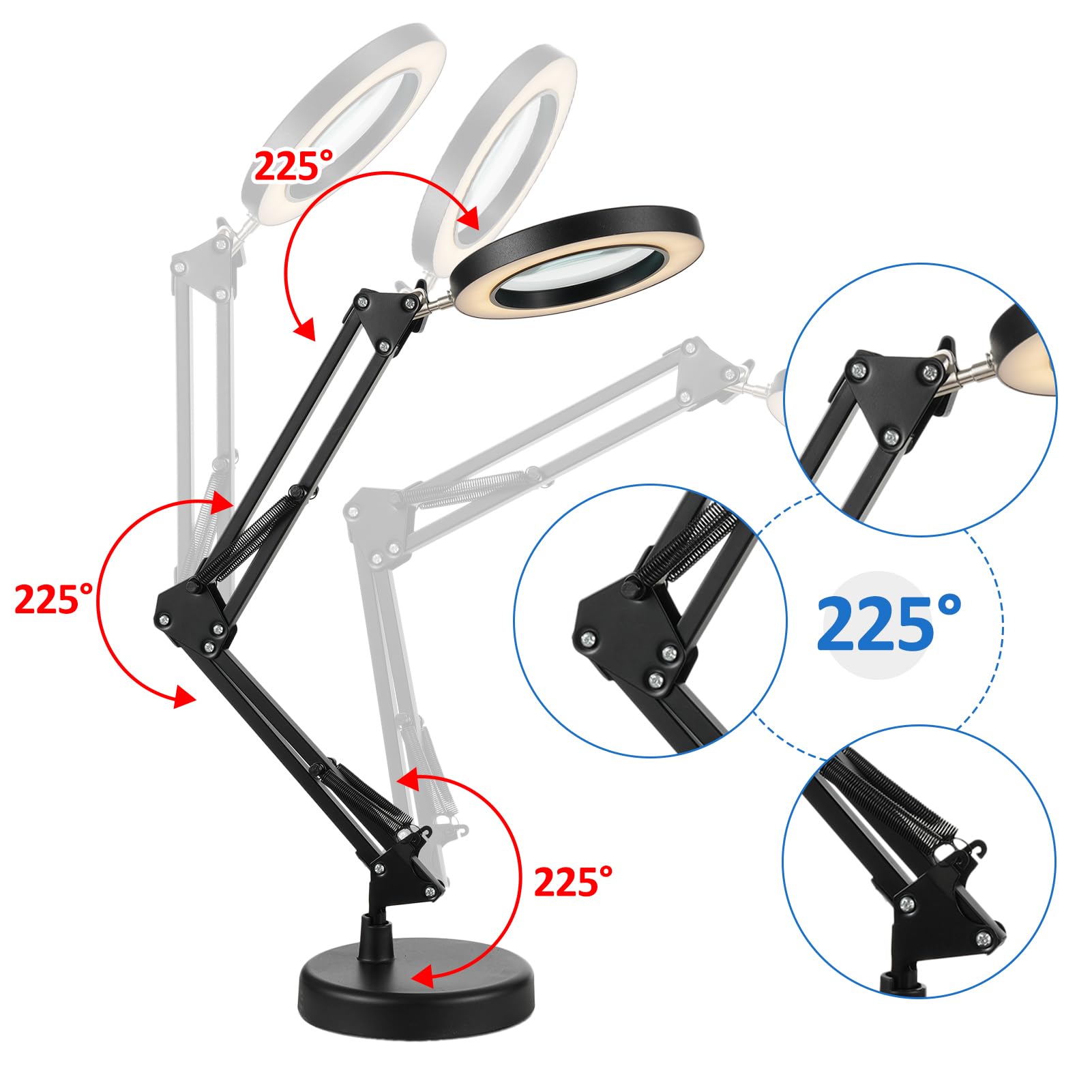 10-krotna lupa ze światłem, bezstopniowe ściemnianie, lampa biurkowa 2 w 1 i zacisk, regulowane ramię wychylne, podświetlana lampa biurkowa LED, lampa z lupą bez użycia rąk