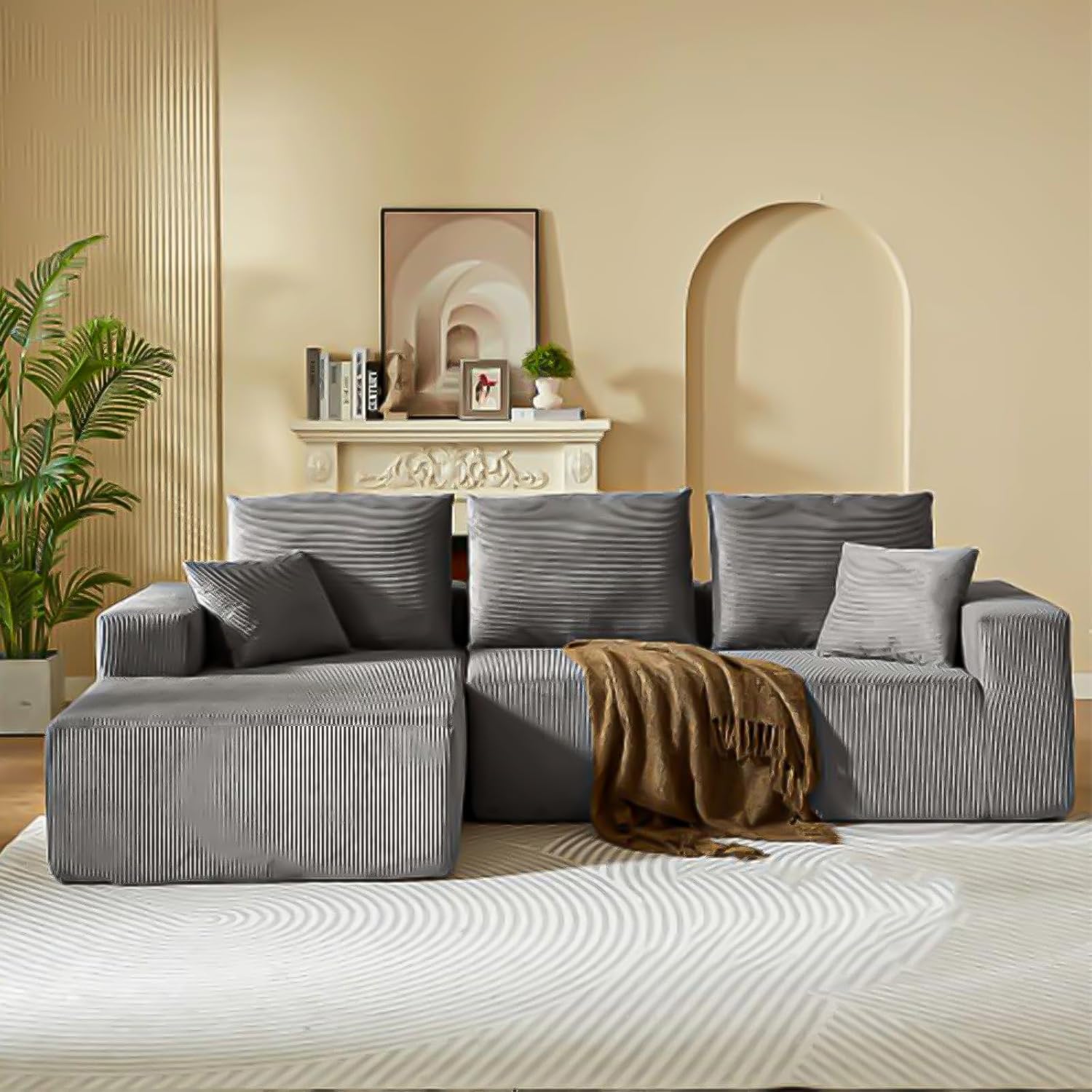 108-inch Sectional Sofa, Modern L-Shaped Cloud Sofa with Recliner, Featuring Deep Seating, Suitable for Guest Bedrooms, No Assembly Required, Dark Gray