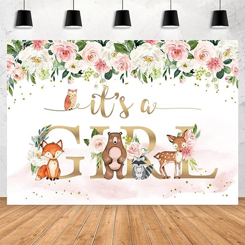 Aperturee It's a Girl - Telón de fondo para baby shower, 9 x 6 pies, animales de la selva, acuarela, flores rosas, flores, fondo de fotografía,