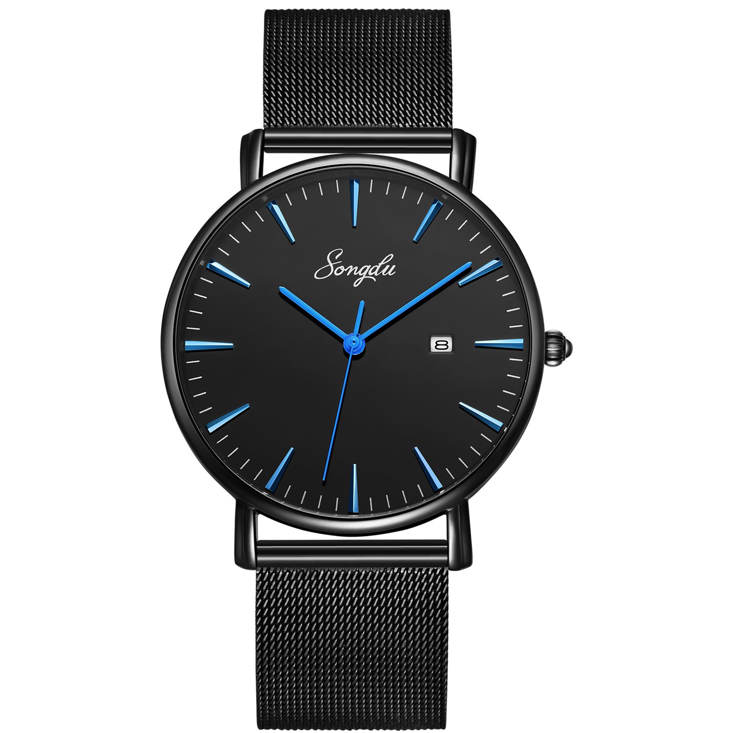 SONGDU Men's Ultra-Thin Quartz Analog Date Wrist Watch with Black Leather Strap