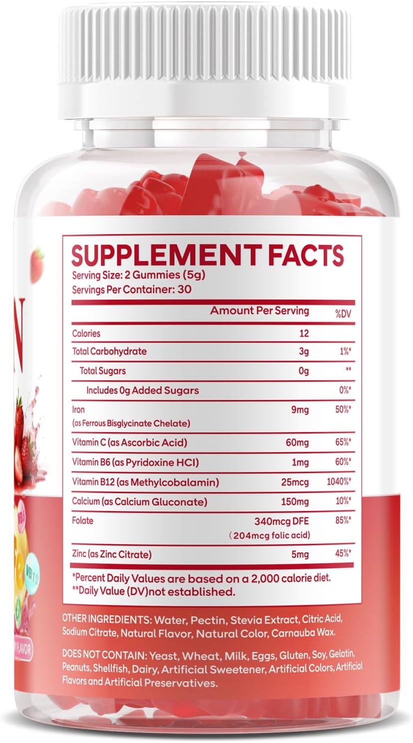 2 Pack Iron Gummies for Women & Men, Vegan Iron Supplement with Calcium, Folate, Vitamin C, B12, B6, Zinc for Adults & Kids - Energy Support - Sugar Free, Strawberry Flavor, 120 Count