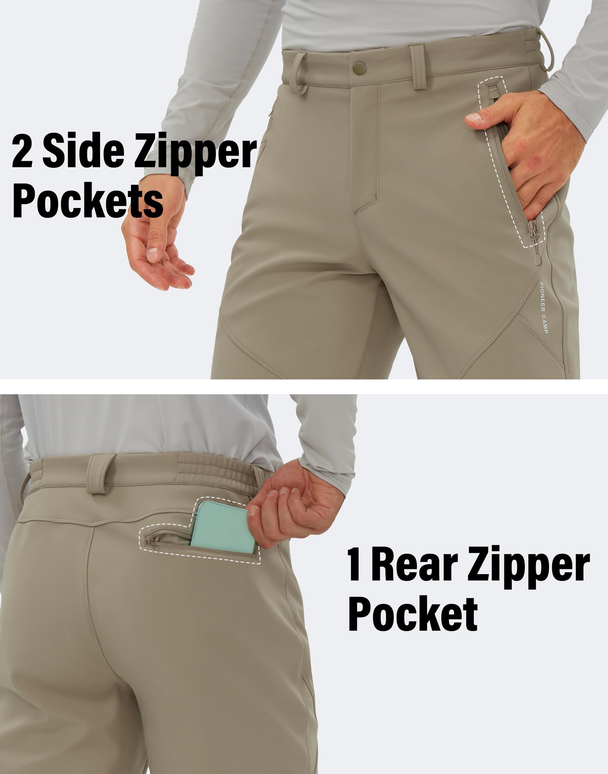Pioneer Camp Pantalones de Senderismo con Forro Polar para Hombre, aislados, Impermeables, cálidos, Softshell, Resistentes al Viento, Pantalones de Trabajo, Caqui, Large