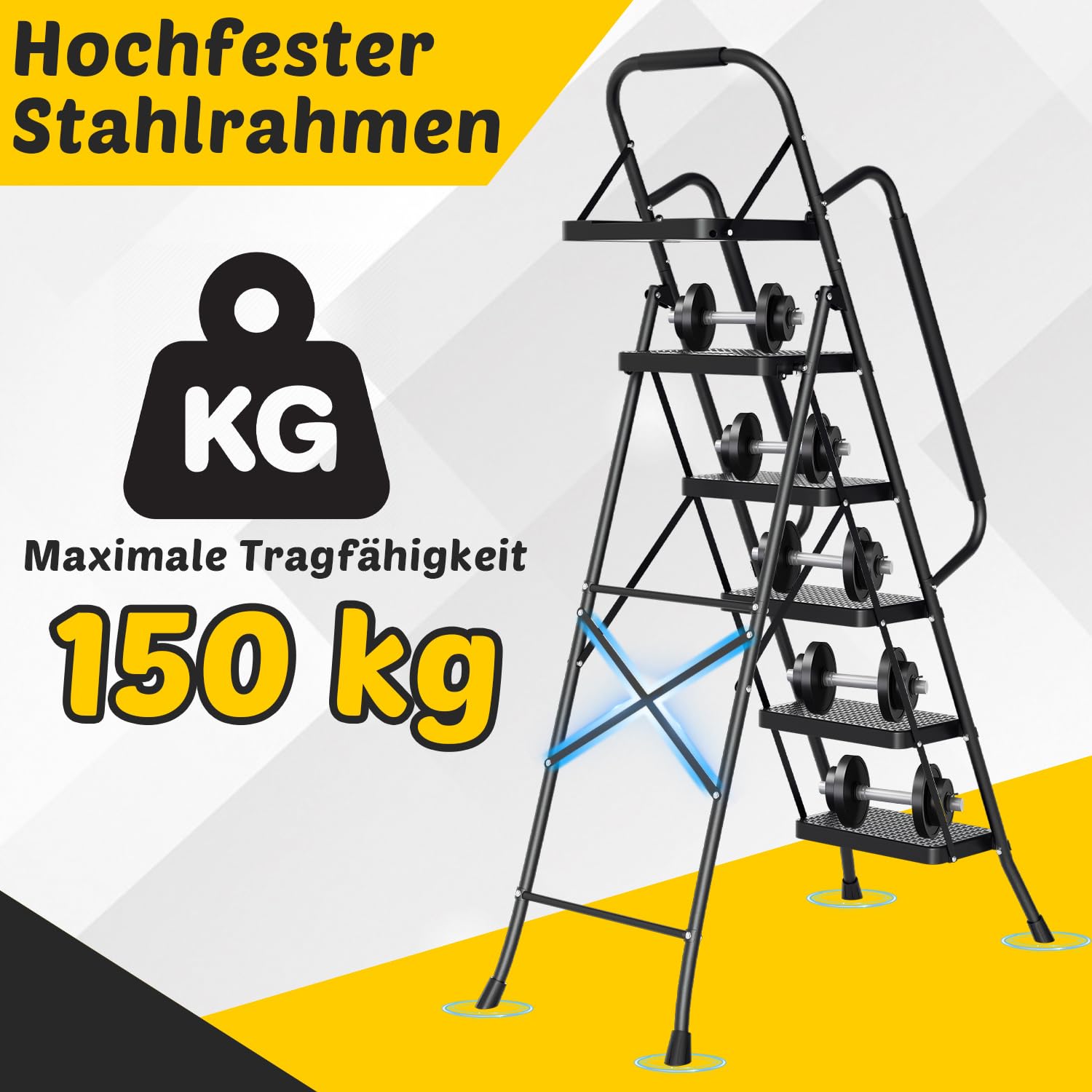 Escalera de 5 peldaños con pasamanos y bandeja para herramientas, escalera plegable para el hogar, antideslizante, hasta 150 kg, color negro, 52 x 108 x 167 cm