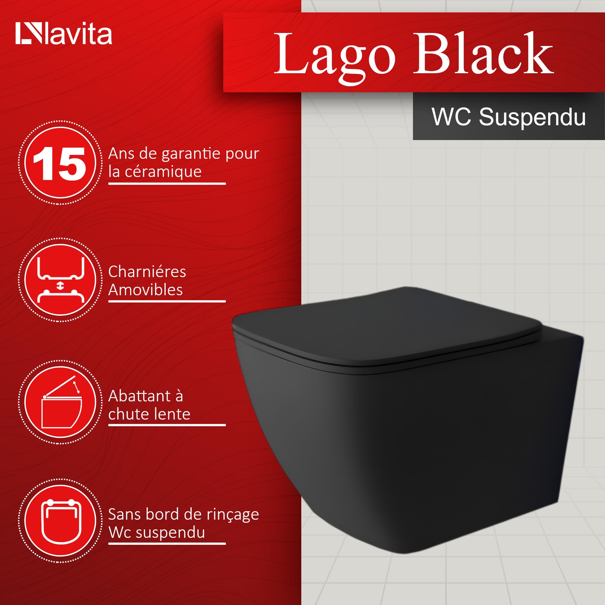 lavita WC Mural Suspendu avec abattant WC avec système d'abaissement Automatique et charnières métalliques, Cuvette Suspendue sans Bord, Noir Lago 340 x 485 x 370 mm, Noir