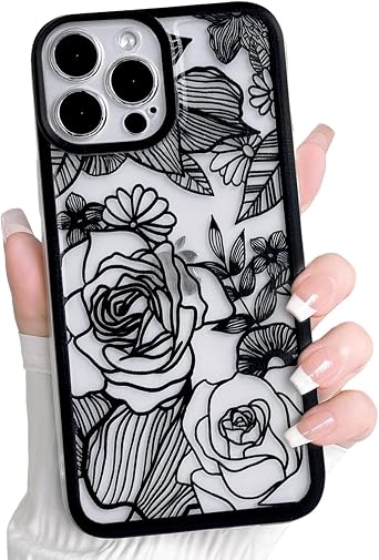 NITITOP Compatible with iPhone 14 Pro Max Case Clear Cute Rose Flower Floral Leaves Pattern for Women Girls Color Frame Slim Durable Shockproof Protective Phone Cover - Black
