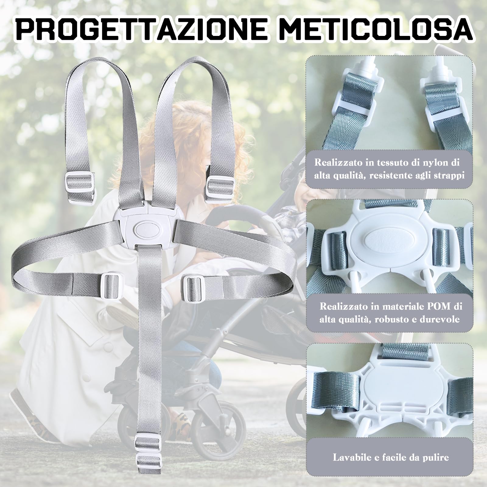 Scettar Cinture Passeggino Universali, Regolabile Copri Seggiolone Pappa, Imbottitura per Seggiolone di Sicurezza Anticaduta, Ganci Passeggino, Cintura di Sicurezza a Cinque Punti, Con 2 Ganci(Bianco)
