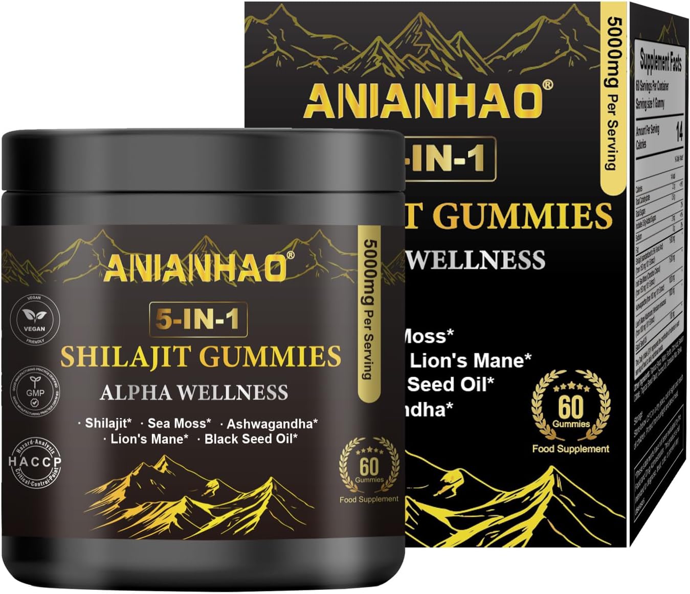 5 in 1 Wellness Gummies, Alpha Wellness Gummies, Shilajit Gummy for Men, with Shilajit | Ashwagandha | Sea Moss | Lion’s Mane | Black Seed Oil, Stress, Focus, Energy & Immune Support, 60 Count