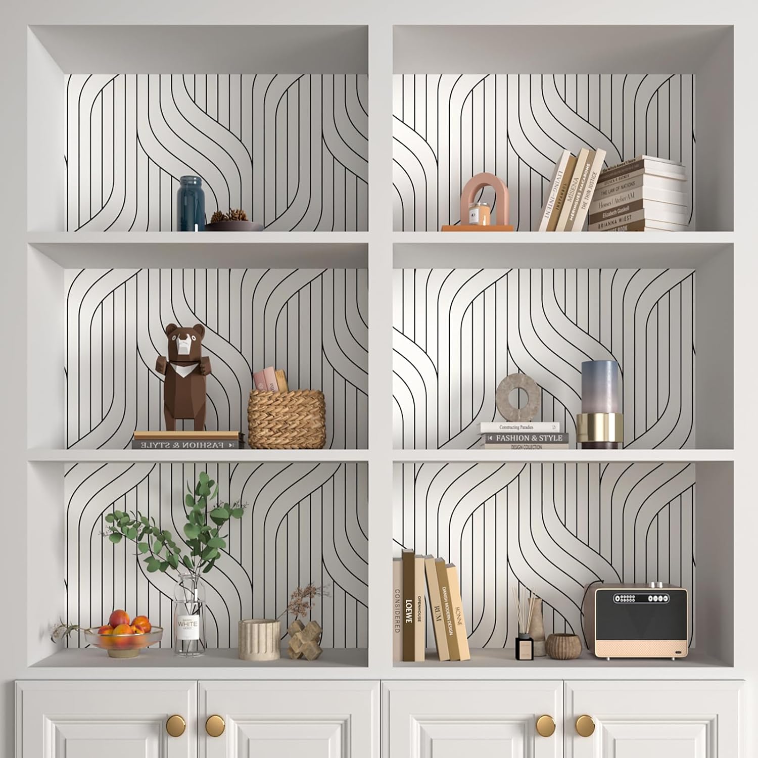 17.5"×317" Black and White Striped Wallpaper Self Adhesive Modern Striped Peel and Stick Wallpaper Black and White Wallpaper Wave Stripe Removable Geometric Wallpaper for Bathroom Shelves