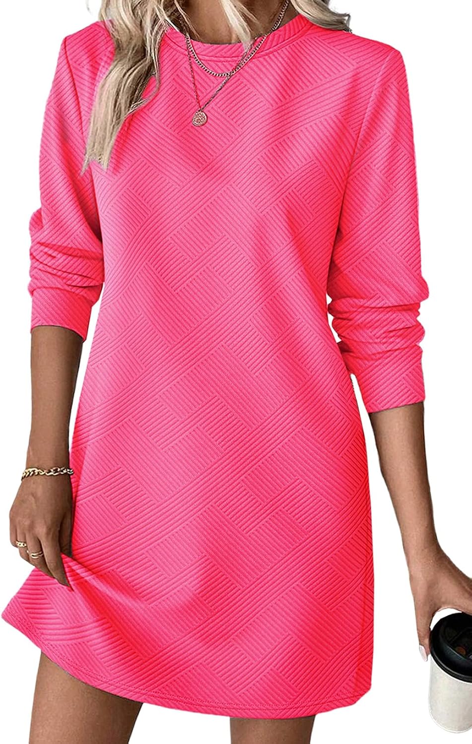 BLENCOT Womens Casual Pullover Sweatshirt Dress Crewneck Long Sleeve Trendy Fall Textured Solid Mini Dresses with Pockets