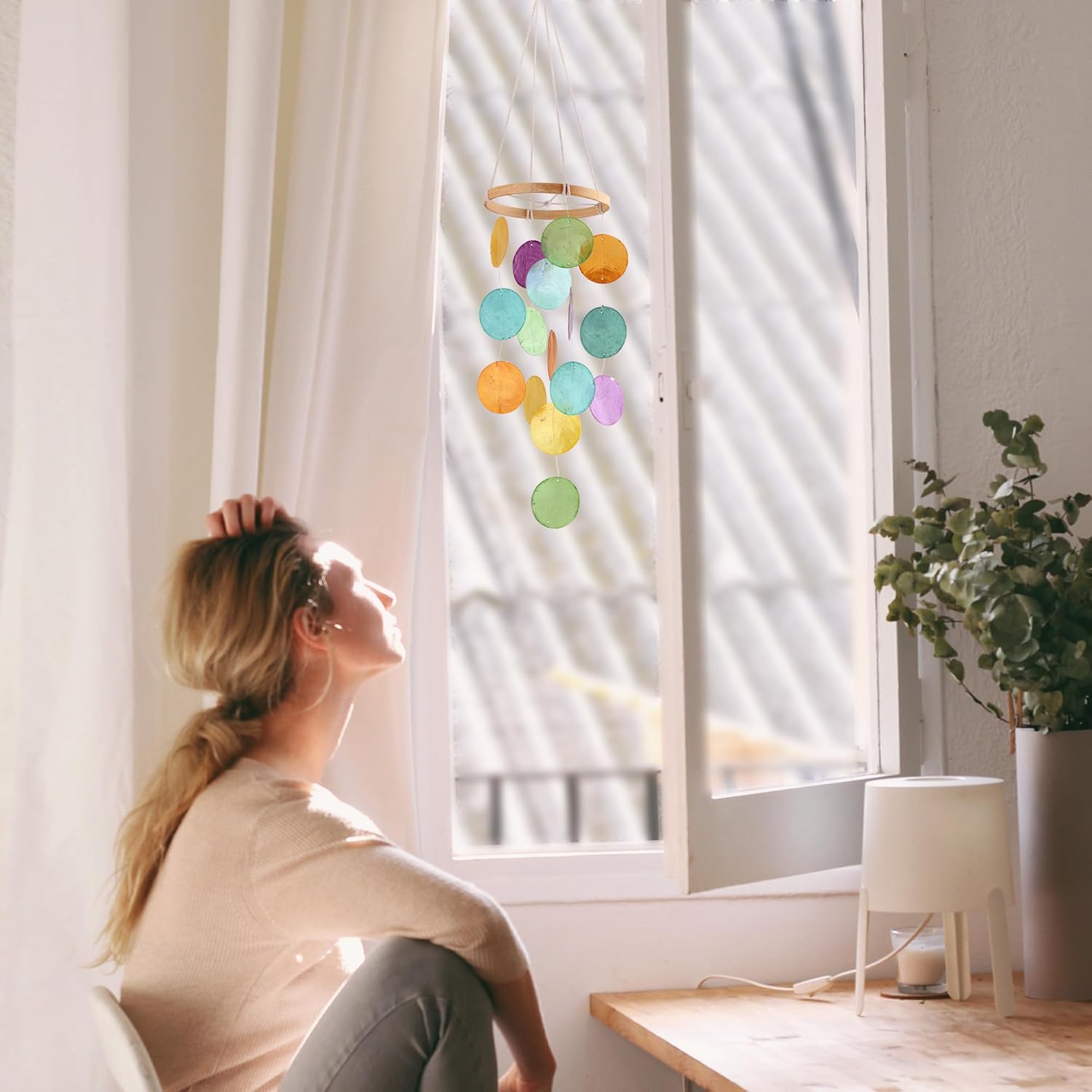 Capiz Wind Chimes for Outside, Outdoor Seashell Hanging Beach Coast Ocean Home Decorative, Rainbow Color Natural Shell Waterfall Windchimes for Summer Patio, Window, Porch, Memorial Gift(Multicolor - Image 6