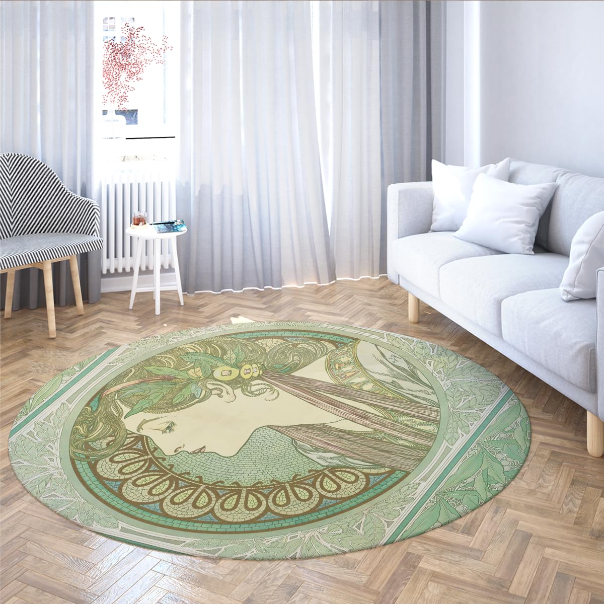 Vintage-Rundteppiche für Frauen Wohnzimmer 120cm | Boho-grüner Druck Schlafzimmer-Kreisteppich rutschfest waschbarer Teppich für Esszimmer, Eingangsbereich, Kinderzimmer, Büro