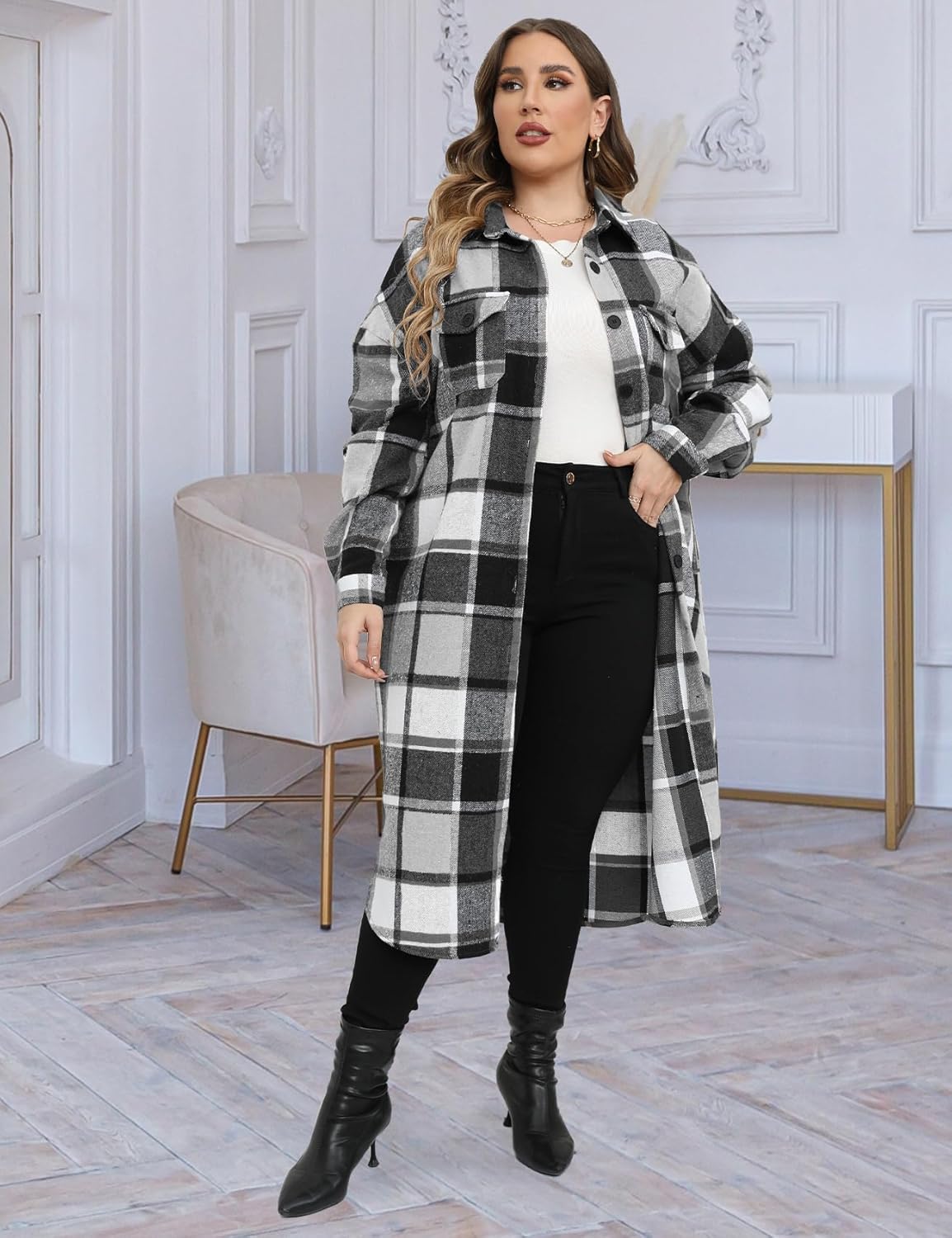 CYCLAMEN 2024 Women's Plus Size 1X-5X Long Flannel Plaid Shacket Jacket Calf-Length Button Down Coat Shirt Pocket Fall Winter - Image 4