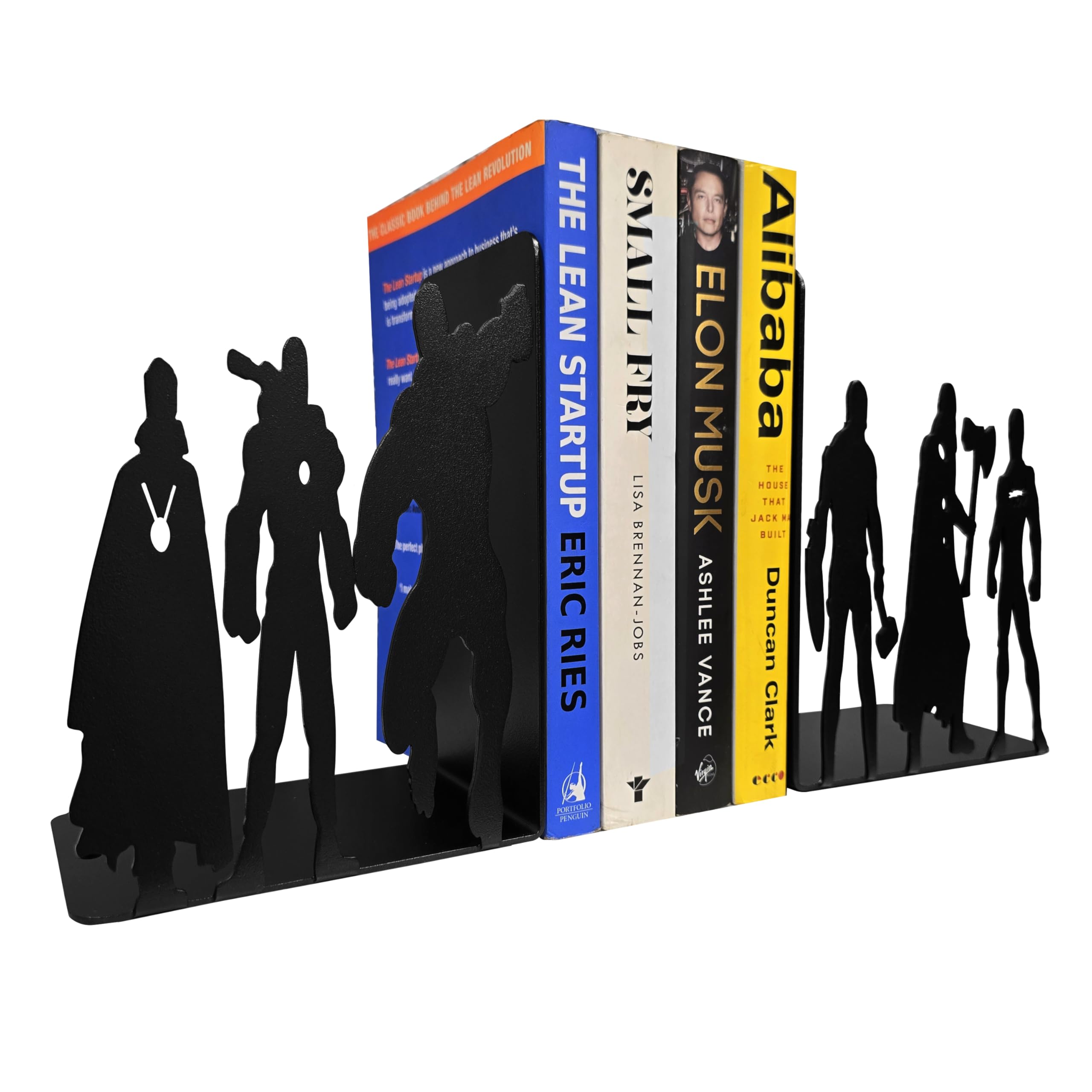 Superhelden-Buchstützen aus Metall, 20,3 cm hoch, 27,9 cm breit, 10,2 cm tief, schwarz pulverbeschichtet, 1,4 kg, dekorative Buchstützen für Regale