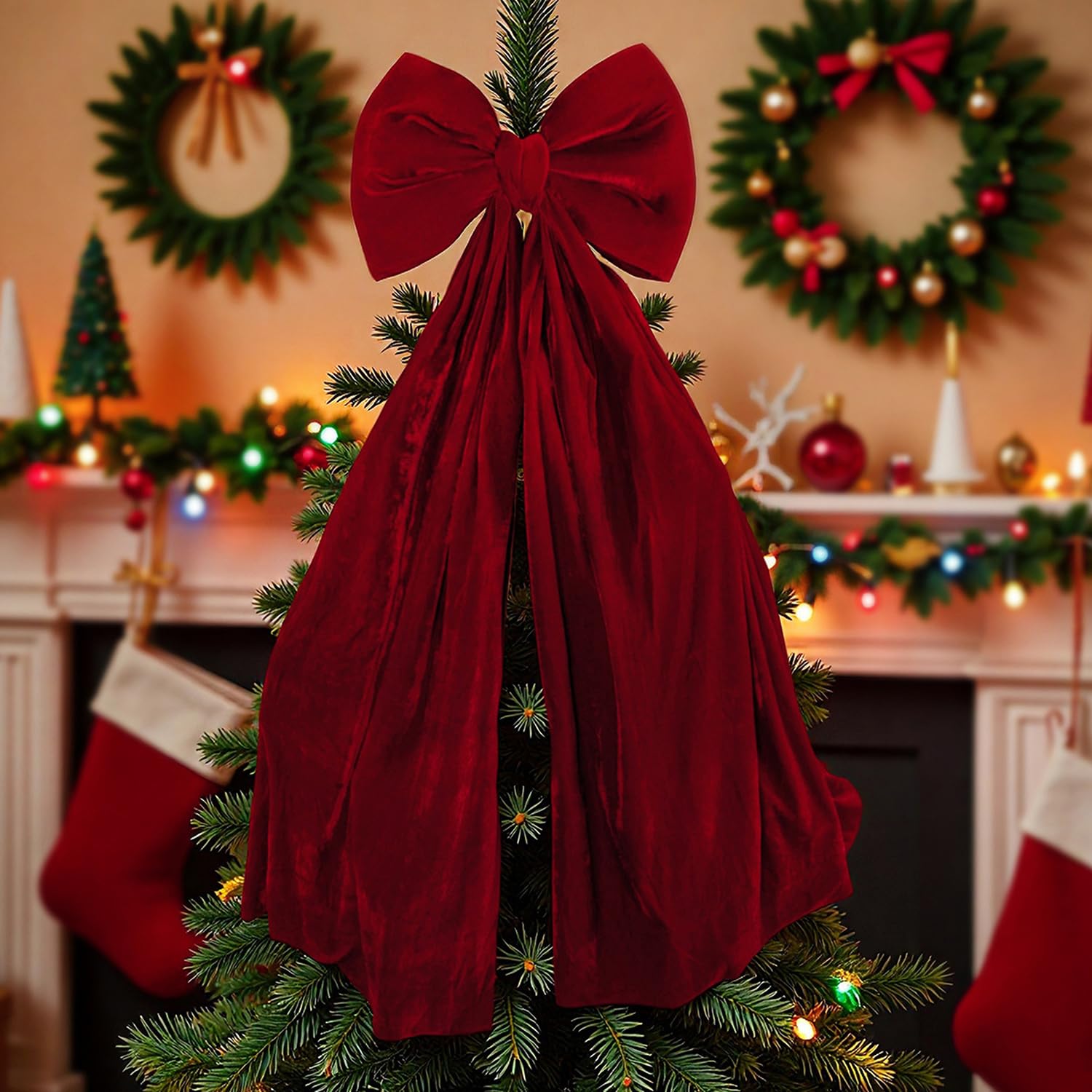 Lazo para árbol de Navidad extra grande, rojo y grande, lazo de terciopelo, lazo de Navidad, lazo decorativo, lazo de terciopelo, rojo, 41 x 178 cm
